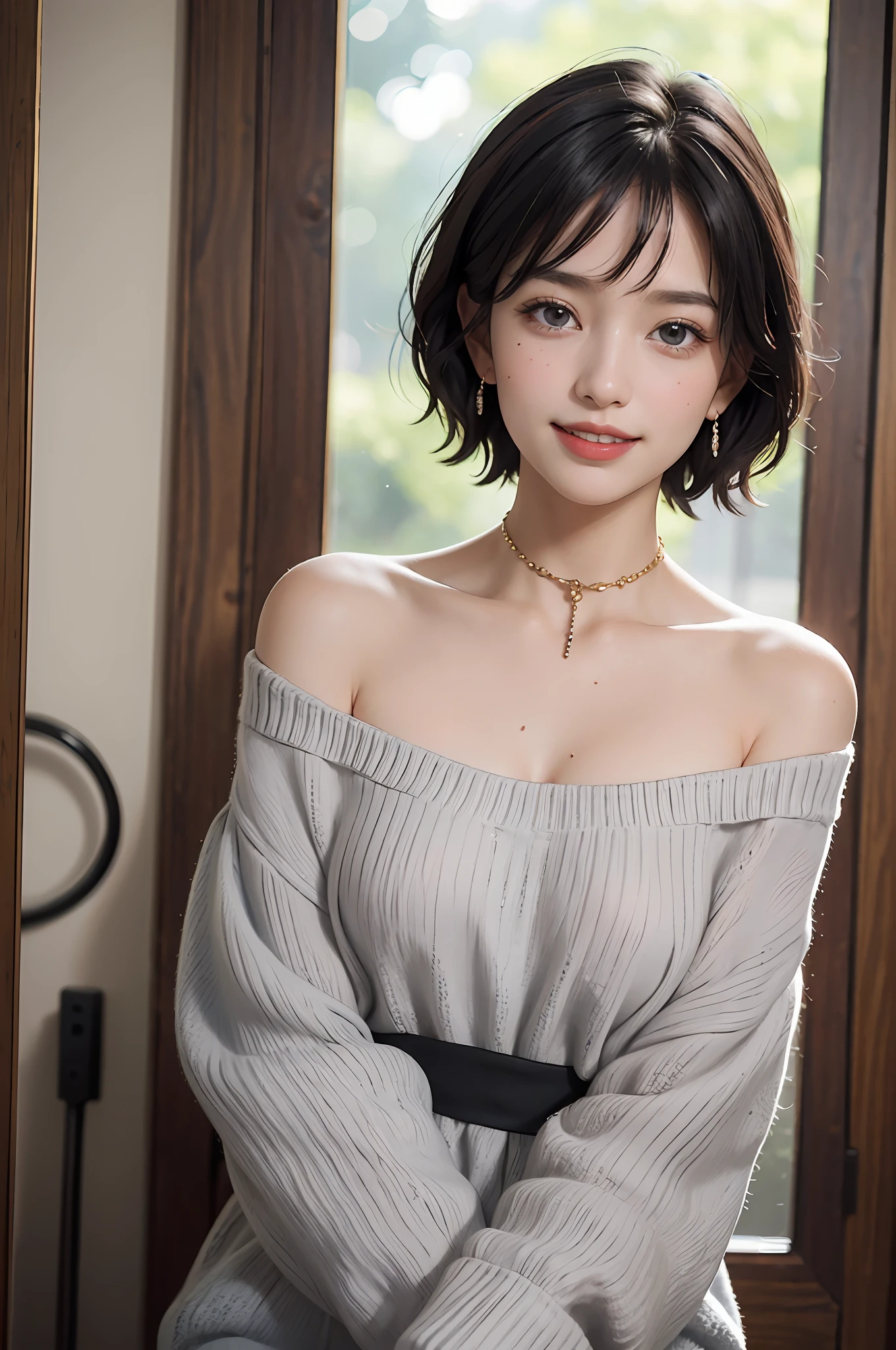 (Masterpiece: 1.3), (8k, Photorealistic, RAW Photo, Best Quality: 1.4), (1girl), Beautiful Face, (Realistic Face), (Black Hair, Short Hair: 1.3), Beautiful Hairstyle, (Bangs), (Smile), Smile, Realistic Eyes, Gloss, Highlights, Highlights in the Eyes, Eyelashes, Beautiful Detail Eyes, (Realistic Skin), Beautiful Skin, Transparency, Off Shoulder, Red knit, blue knit, black shoulder strap, shoulder strap, thick choker, bust, smile, tooth, absurdity, attractive, ultra high resolution, ultra-realistic, high definition, golden ratio, crystal clear eyes, wet, mole, gaze on camera, ears, sparkle, long neck, double eyelids, big eyes, cheeks, gentle character, attractive personality, gentle, touching, overwhelming charm, bright personality
