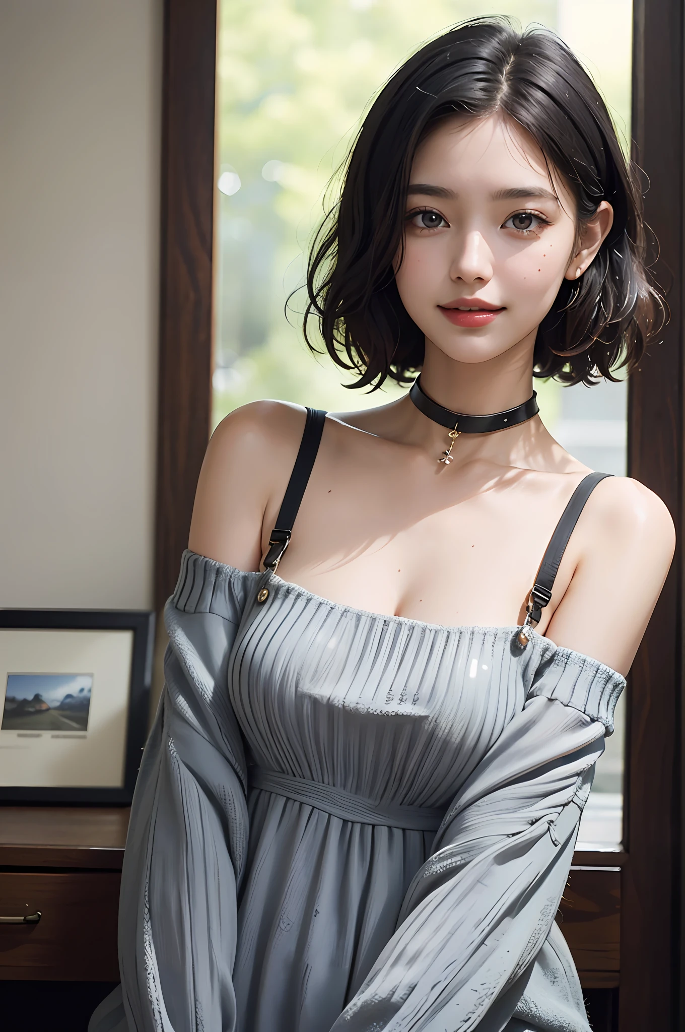 (Masterpiece: 1.3), (8k, Photorealistic, RAW Photo, Best Quality: 1.4), (1girl), Beautiful Face, (Realistic Face), (Black Hair, Short Hair: 1.3), Beautiful Hairstyle, (Bangs), (Smile), Smile, Realistic Eyes, Gloss, Highlights, Highlights in the Eyes, Eyelashes, Beautiful Detail Eyes, (Realistic Skin), Beautiful Skin, Transparency, Off Shoulder, Red knit, blue knit, black shoulder strap, shoulder strap, thick choker, bust, smile, tooth, absurdity, attractive, ultra high resolution, ultra-realistic, high definition, golden ratio, crystal clear eyes, wet, mole, gaze on camera, ears, sparkle, long neck, double eyelids, big eyes, cheeks, gentle character, attractive personality, gentle, touching, overwhelming charm, bright personality