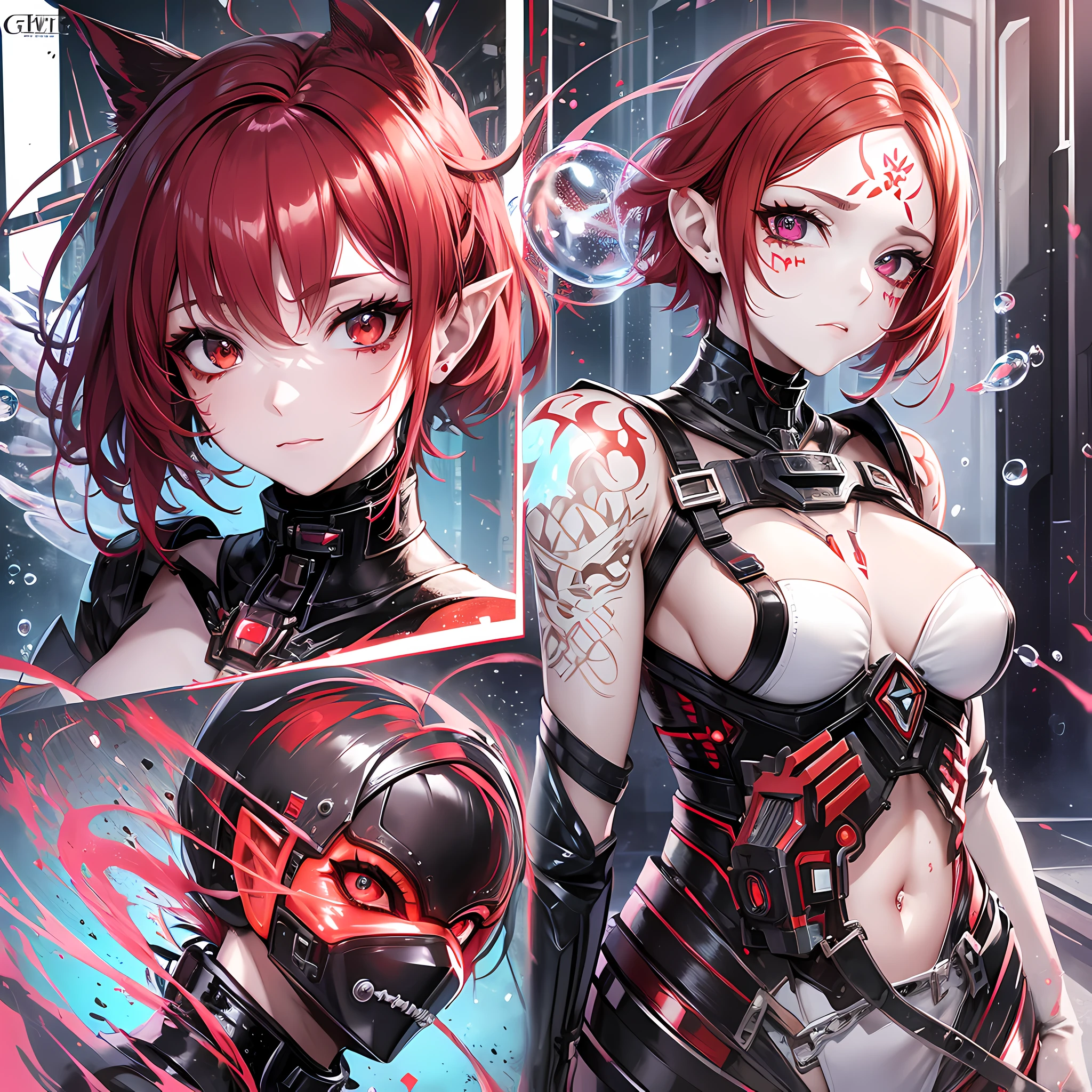 8K, 3D, grimes neofantasy anime CRISPR gene, red short hair, female character, different eye colors, red and white colors, void in background, elfic ears, fantasy, oily bubbles white bubbles, henna tatto in her face color white, mask over mouth nose and chin, cyberpunk inspired, elegant armor, ethereal art