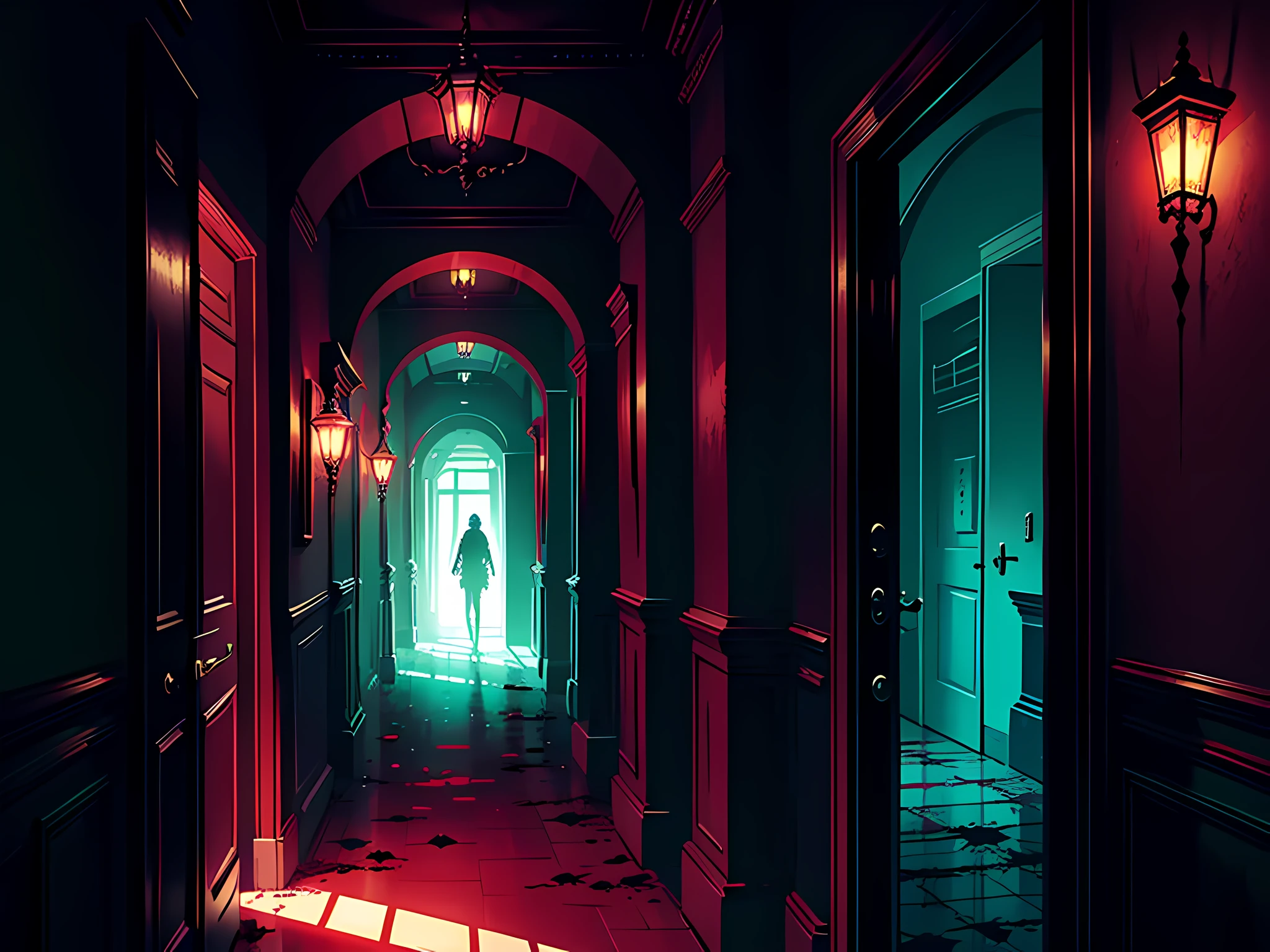 Corridors, corpses, a zombie standing in the doorway, scarlet eyes, surrealism