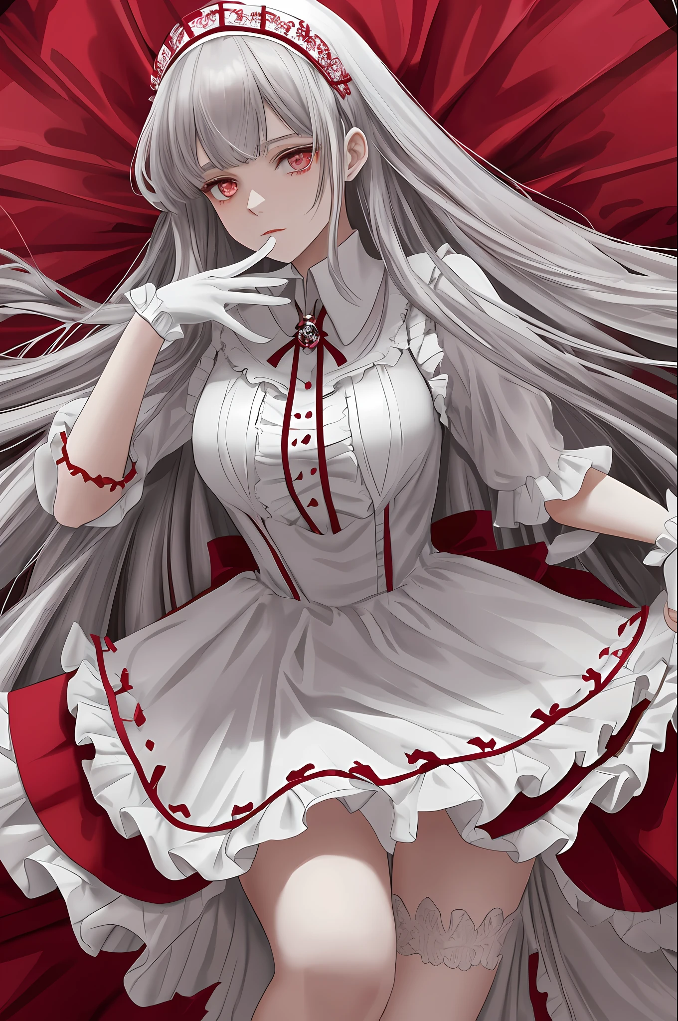 Blood, lots of dark red love heart decoration, love heart-shaped gemstone edge set with pearls, white collarless dress skirt, unique design collar, layered skirt, asymmetrical design, burnt at the end of the skirt, skirt tail cutout, red Mary Jane shoes, off-white openwork suspender stockings, nurse's dress style headdress, short skirt, culottes, frills, ruffles, extreme multiplication, exquisite and complex design, white gloves, gothic, wedding dress, blood, bandages, long gray hair, sideburns are two fine braids, princess cut, extreme details, delicate depiction, Delicate hands depicted , cool colors of the eyes