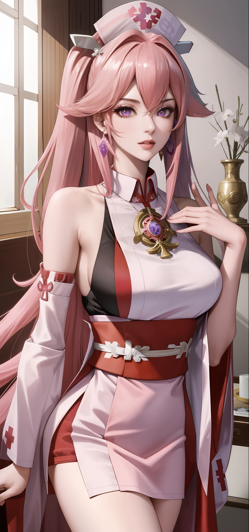 (Masterpiece, Superb Quality, 1Girl, Solo, Intricate Details, Color Aberration), Realism, ((Medium Breath)), ???? Shoulders, ???????????, ????, ((Genshin, Nurse, Yae Miko, Long Pink Hair, Red Headgear, Purple Eyes, Earrings, Sharp Eyes, Perfect Symmetrical Body)), ((Sleeveless), (Nurse Uniform: 1.4)), Patient Room, Bed, Dim Lighting, Looking at the Audience, ((Seductive, Glamorous)), Large Aperture, iOS, Pen in hand