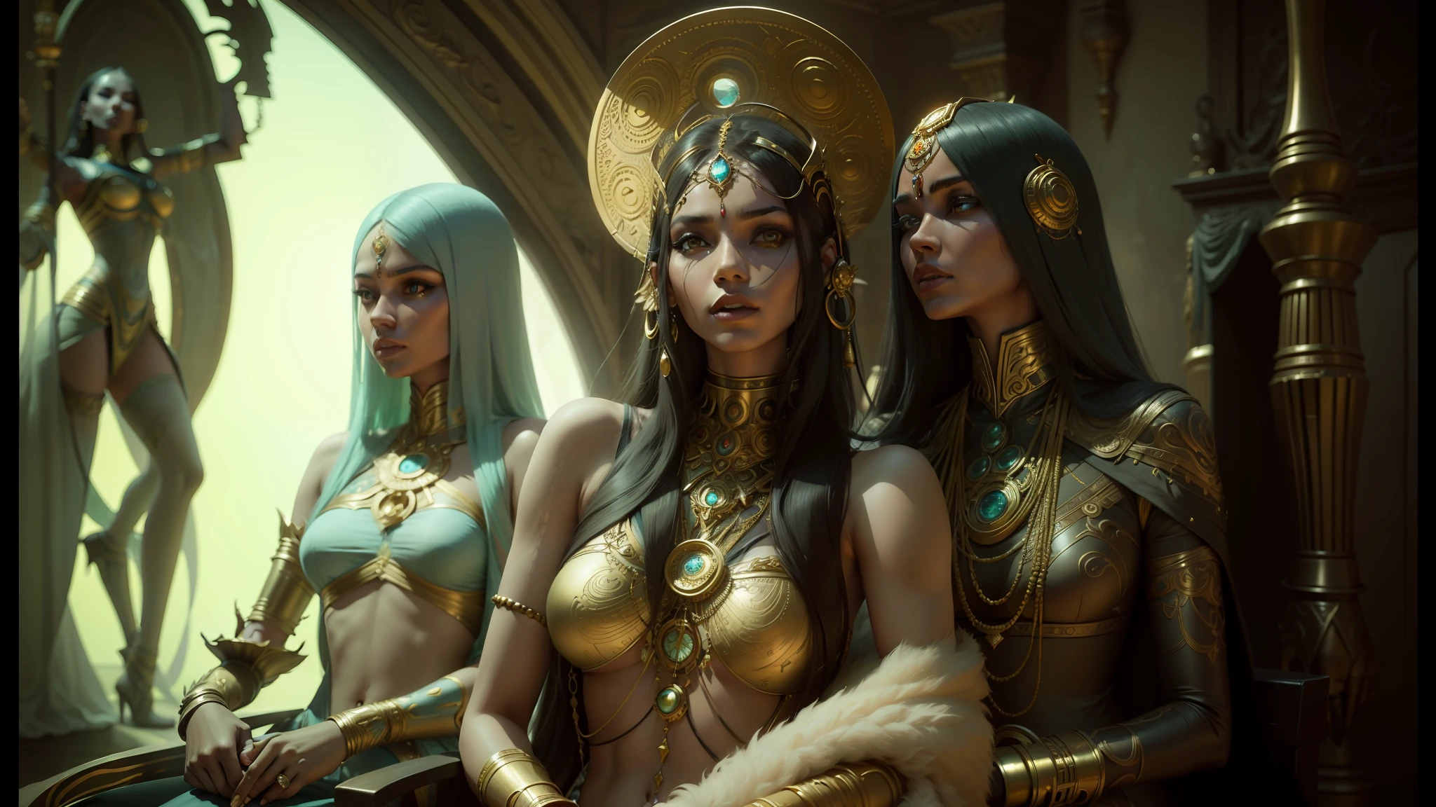 three women in costumes sitting on a bench in a room, digital visionary art, cgsociety ), trending on mentalray, apophis, daniel merrian :: ornate, indian goddess of wealth, still from a music video, futuristic starship crew member, by Niklaus Manuel, djinn --auto --s2
