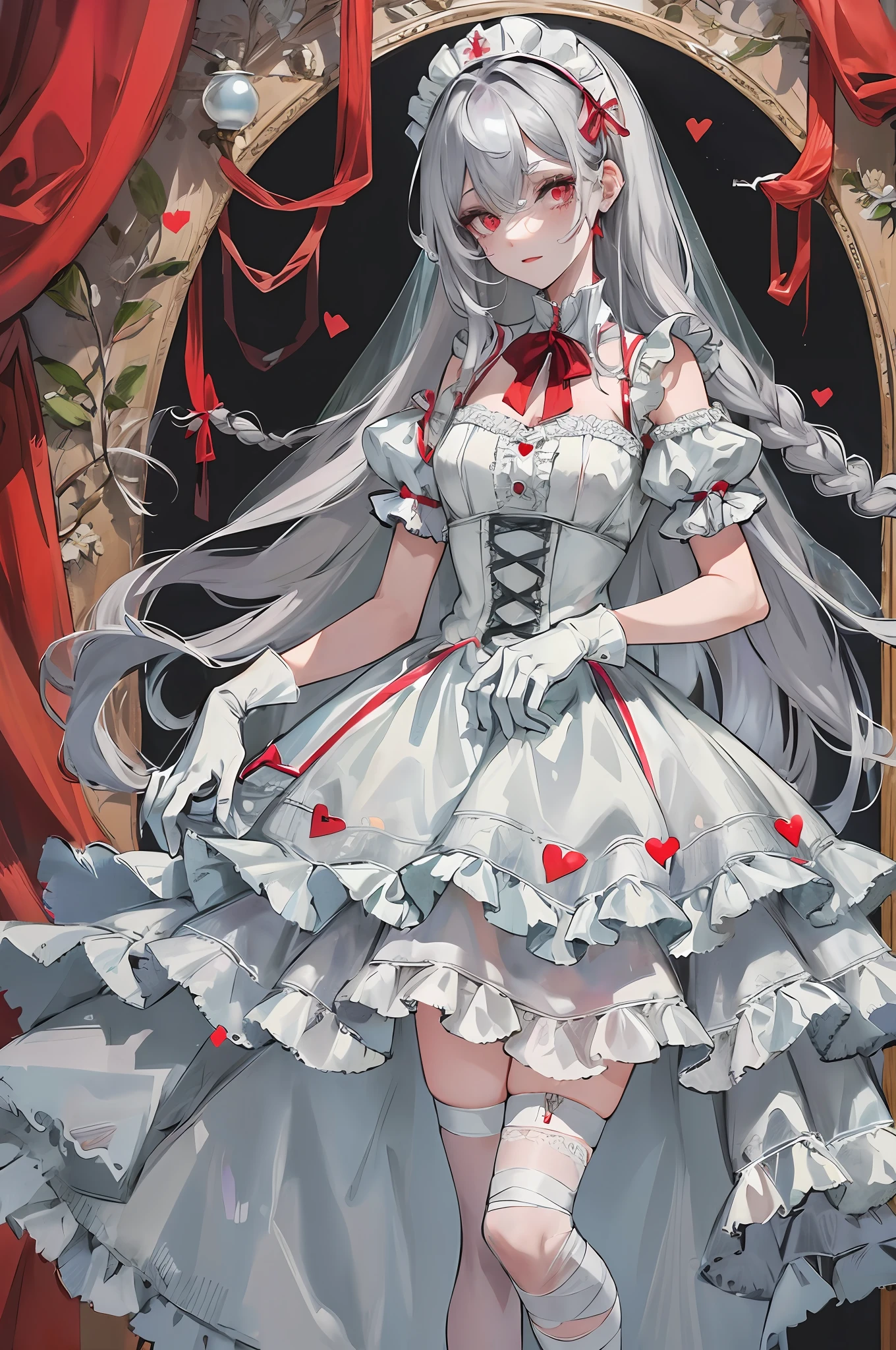 Laughing, sick, love in the eyes, blood, lots of dark red love heart decorations, love heart-shaped gemstones edged with pearls, white collarless dress skirt, collar with unique design, layered skirt, asymmetrical design, burnt at the end of the skirt, openwork at the end of the skirt, red Mary Jane shoes, gray-white openwork suspender stockings, nurse's dress style headdress, short skirt, culottes, frills, ruffles, maximalism, exquisite and complex design, white gloves, gothic, wedding dress, blood, bandages, long gray hair, sideburns are two thin braids, princess cut, Extreme details, delicate depiction, delicate depiction of hands, cold colors of the eyes,
