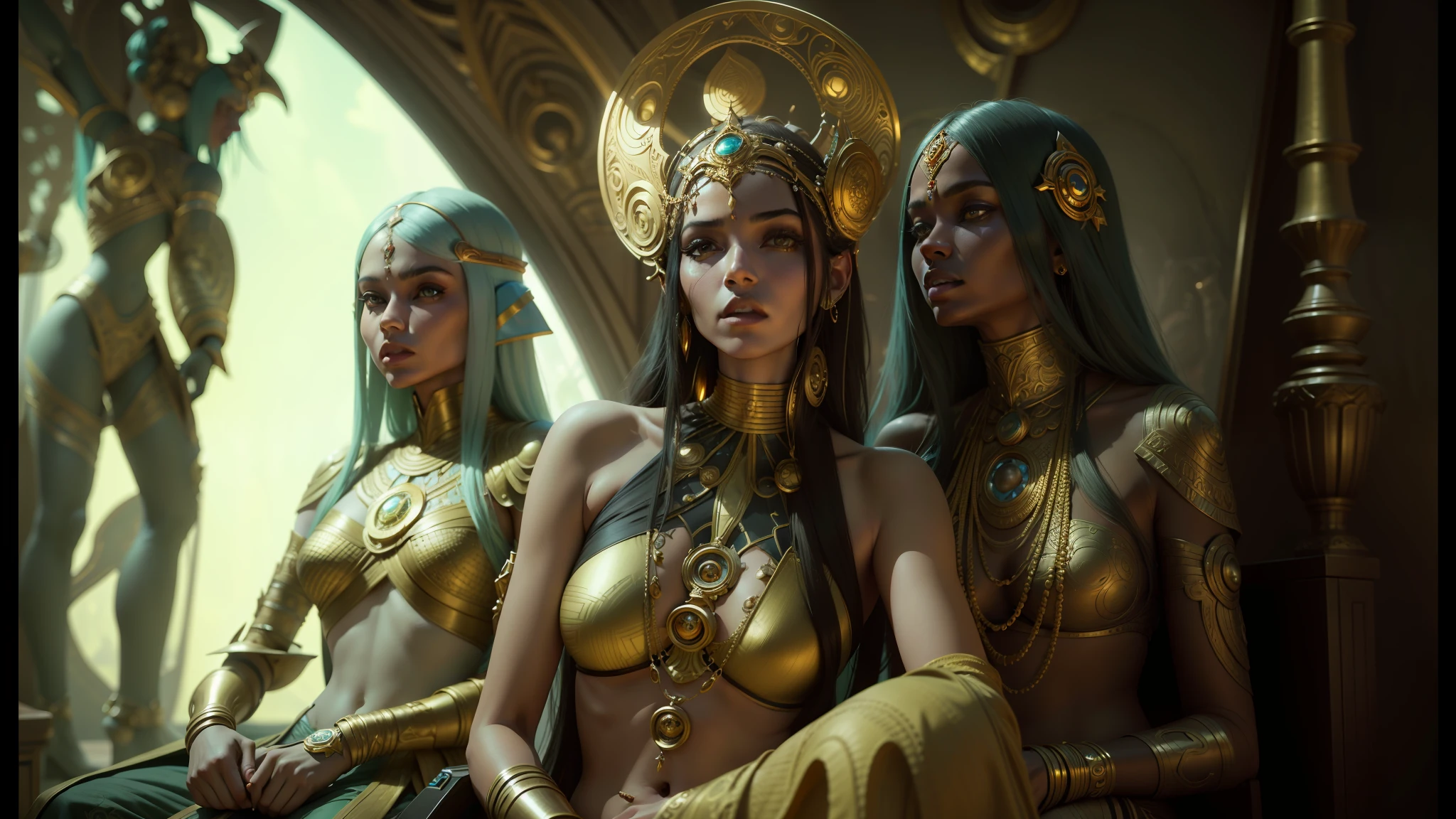 three women in costumes sitting on a bench in a room, digital visionary art, cgsociety ), trending on mentalray, apophis, daniel merrian :: ornate, indian goddess of wealth, still from a music video, futuristic starship crew member, by Niklaus Manuel, djinn --auto --s2