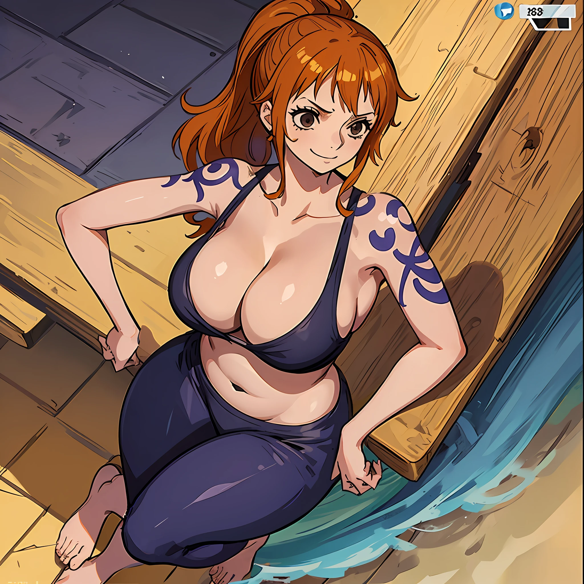 1girl,solo, (nami_8000:0.9), nami \(one piece\), (eye Highlights), nami, ((full body view)), ponytail, brown eyes, shoulder tattoo, from below, v, smile, narrow waist, inskny, (((cleavage))),(masterpiece:1.0), (best quality:1.0), (8k wallpaper:1.0), extremely delicate and beautiful, (beautiful detailed face:1.0), (detailed deep eyes), symmetrical breasts, deep eyes, ((huge breasts)), ((screencap)), third-party edit, (sweat), (shiny skin), ((wide hips)), ((one piece treasure cruise)), anime, (anime screencap), (fog), (glow), groin, sideboob, (bathroom), hand on own hip, (((plump))), ((((fat)))), barefoot, ((purple tight dress)), side mesh slit,