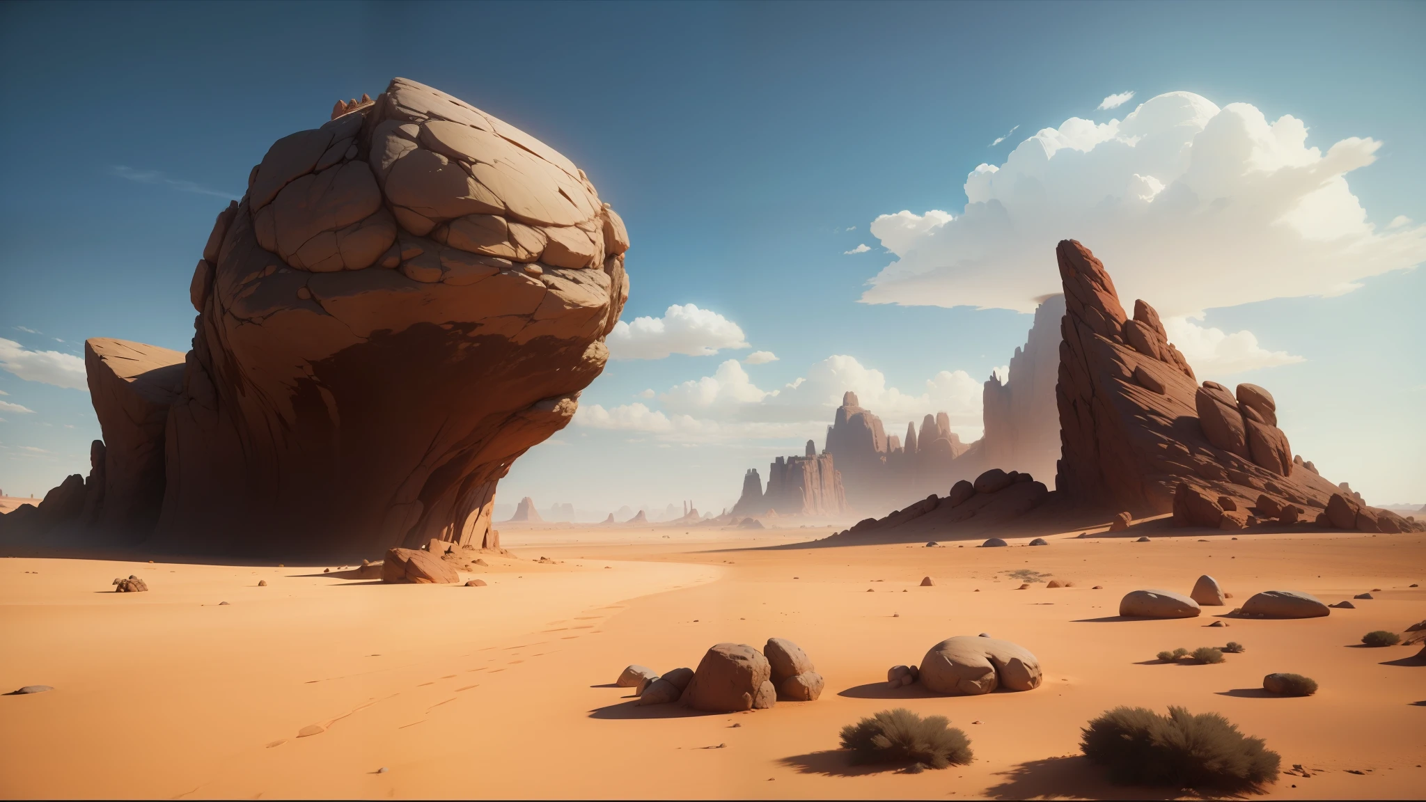 there is a large rock in the middle of a desert, unreal engine 5 showcase, video game screenshot>, jodorowsky's dune, rendered in lumion pro, unity unreal engine, in the croods movie style, landscape of africa, inspired by Israel Tsvaygenbaum, realistic clouds, dramatic lighting sci fi --auto --s2