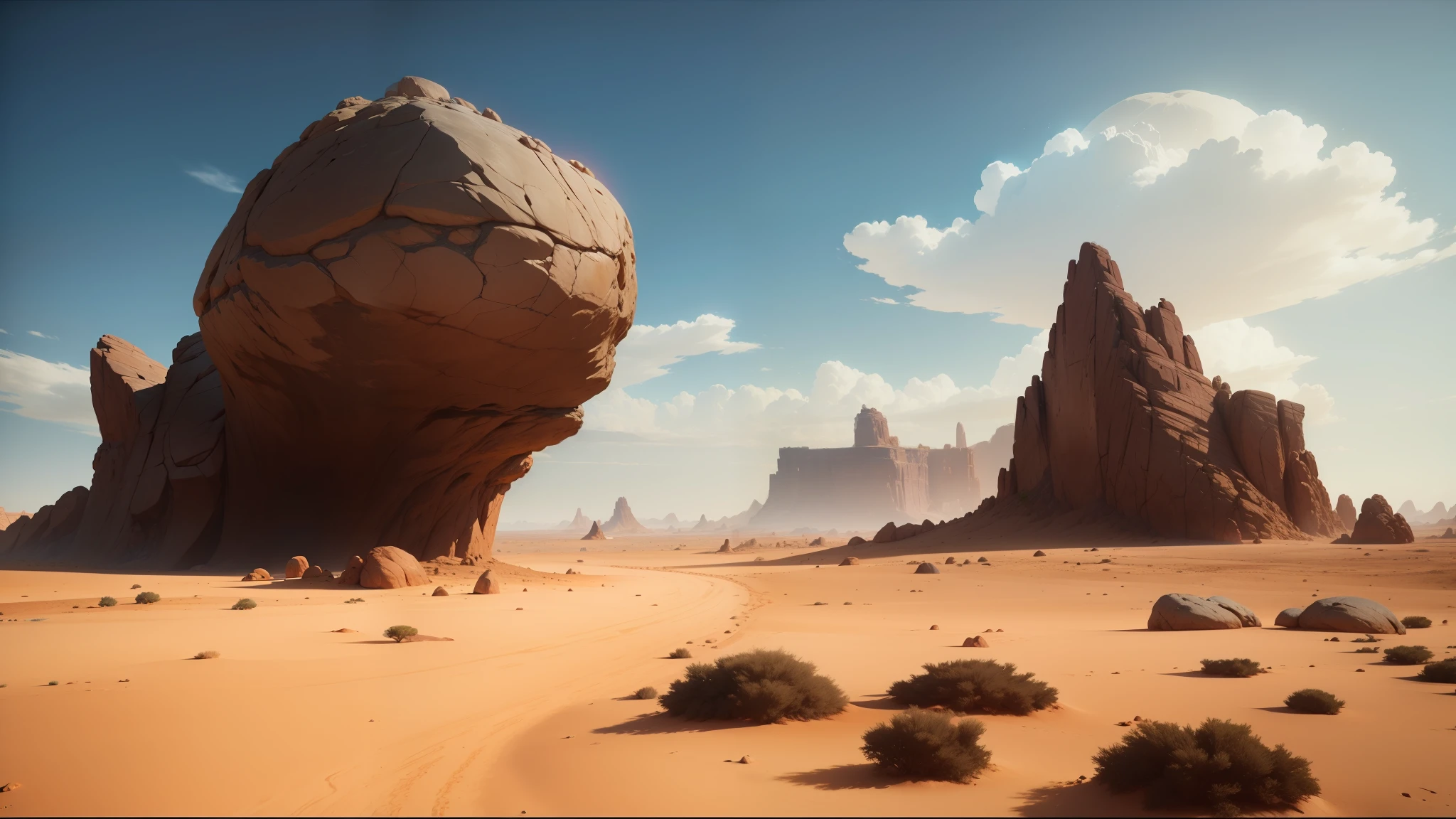 there is a large rock in the middle of a desert, unreal engine 5 showcase, video game screenshot>, jodorowsky's dune, rendered in lumion pro, unity unreal engine, in the croods movie style, landscape of africa, inspired by Israel Tsvaygenbaum, realistic clouds, dramatic lighting sci fi --auto --s2