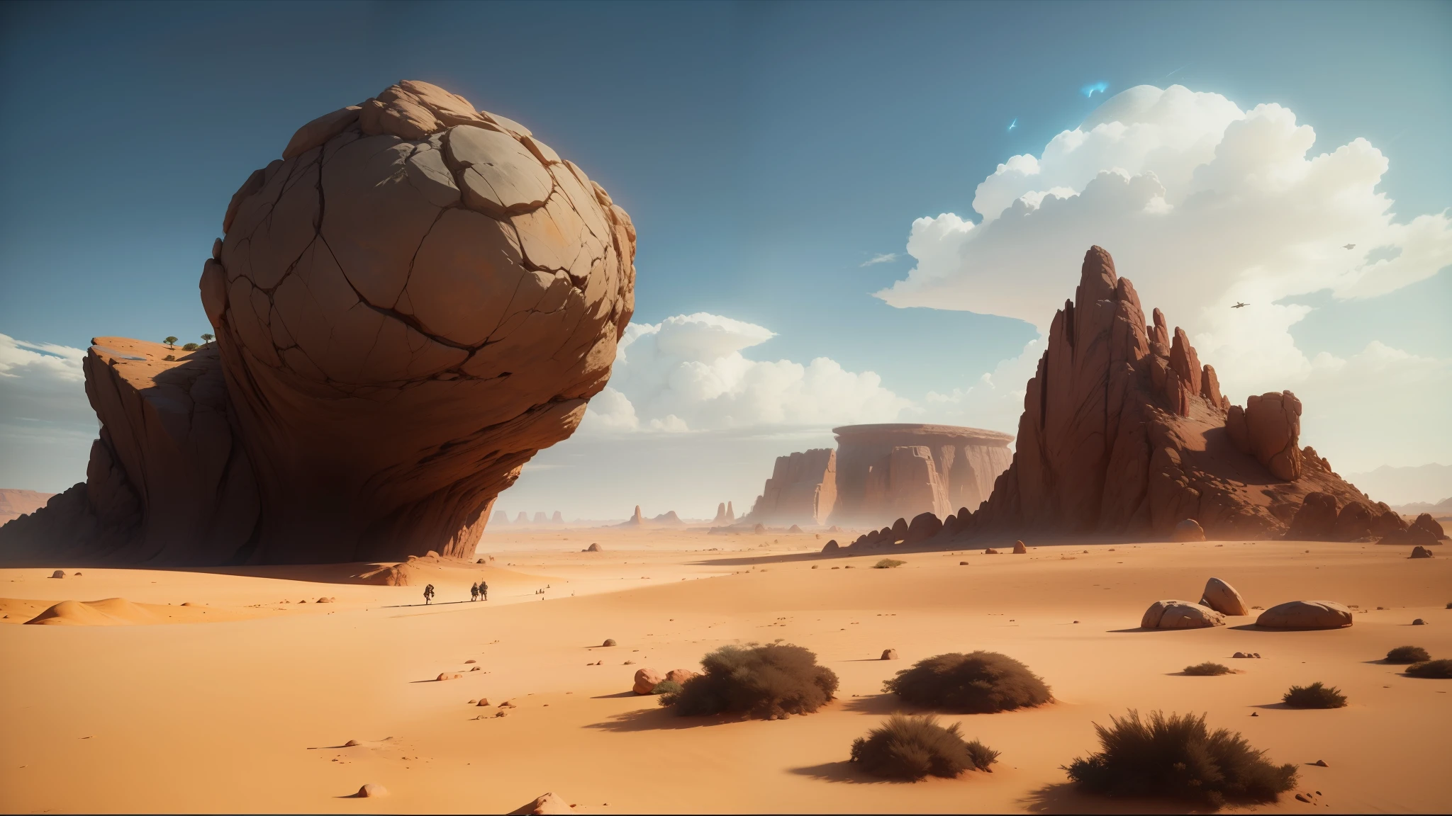 there is a large rock in the middle of a desert, unreal engine 5 showcase, video game screenshot>, jodorowsky's dune, rendered in lumion pro, unity unreal engine, in the croods movie style, landscape of africa, inspired by Israel Tsvaygenbaum, realistic clouds, dramatic lighting sci fi --auto --s2