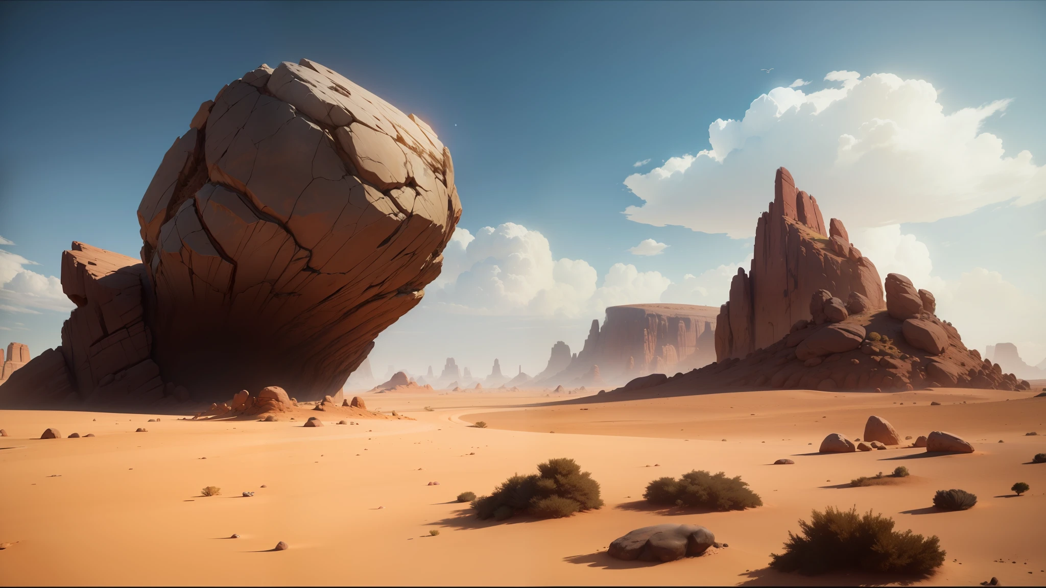 there is a large rock in the middle of a desert, unreal engine 5 showcase, video game screenshot>, jodorowsky's dune, rendered in lumion pro, unity unreal engine, in the croods movie style, landscape of africa, inspired by Israel Tsvaygenbaum, realistic clouds, dramatic lighting sci fi --auto --s2