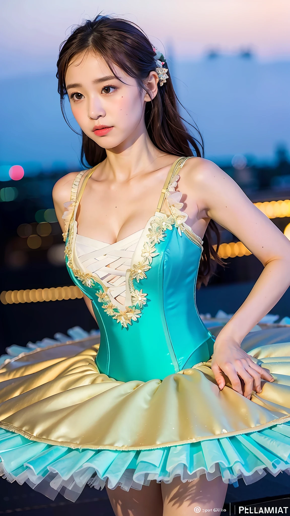 (Best quality, 8k, 32k, Masterpiece, UHD:1.2), Photo of Pretty Japanese woman, 1girl, (RAW photo), (realistic), (photorealistic:1.3), (high res), ultra detailed, Primaballerina_tutu, Primaballerina_tutu fog blue tutu, incredibly beautifull face and eyes, (li:1.3), round small face, (gigantic breasts, cleavage, thin waist, slim proportions), city night rooftop, (sweaty), (from below, crotch:1.19), platter tutu ballet, pancake tutu ballet,