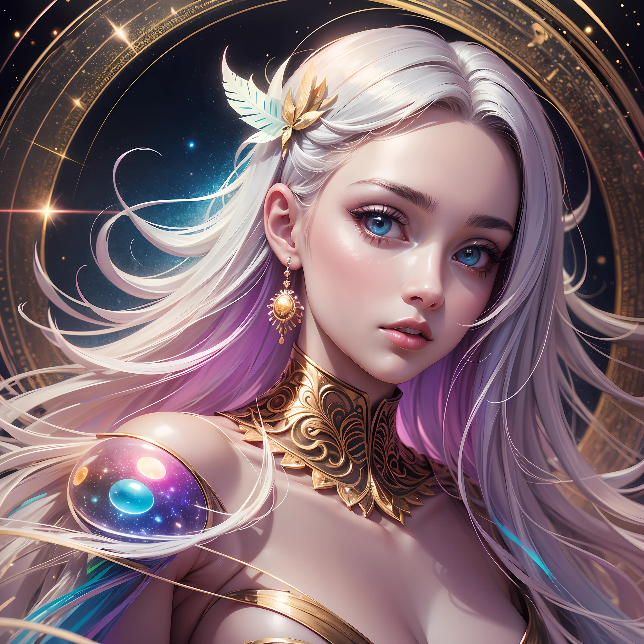 high resolution, best quality, masterpiece, very high image quality, ultra-detailed, hyperrealistic, 3d, solo, very Beautiful woman with gentle seductive calm face, white medium hair, high layer cut, mullet hair style, sparkling gold big eyes, perfect proportions, full body, feather robe, thin gold line embroidery, background kaleidoscope galaxy rainbow colors of light, neon color light, neon color many thin lines --auto --s2