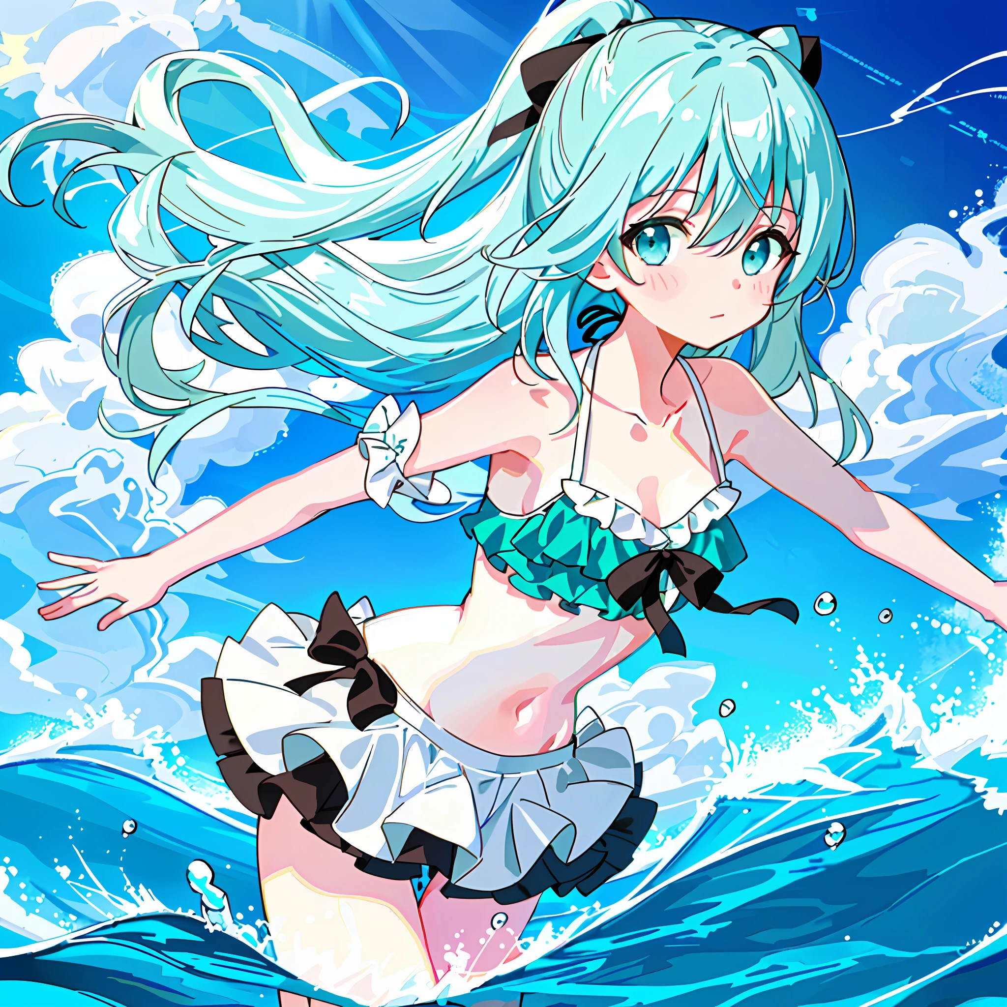 {{illustration}}, {{masterpiece}}, {{best quality}}, {{official art}}, {very detailed CG Unity 8k wallpaper}}}}, {{art book}}}, 1 girl, mint hair, long hair, aqua green hair, swimwear, sexy, white skin, white swimsuit, water blue_eyes, pastel colors, bare shoulders, collarbone, swimwear, {{{solo}}}, short eyes, cute face, face, good body parts, cute, style mimicry , dynamic pose, cute girl, perfect fingers, navel, cute swimsuit, {{sexy outfit}}}, swimming skirt, sexy body, border, loliffled swimsuit, sexy swimsuit, {{{underwater}}}, lower breasts, glass world, tiny bikini, soaked, front lace-up bikini on, one-piece white silk