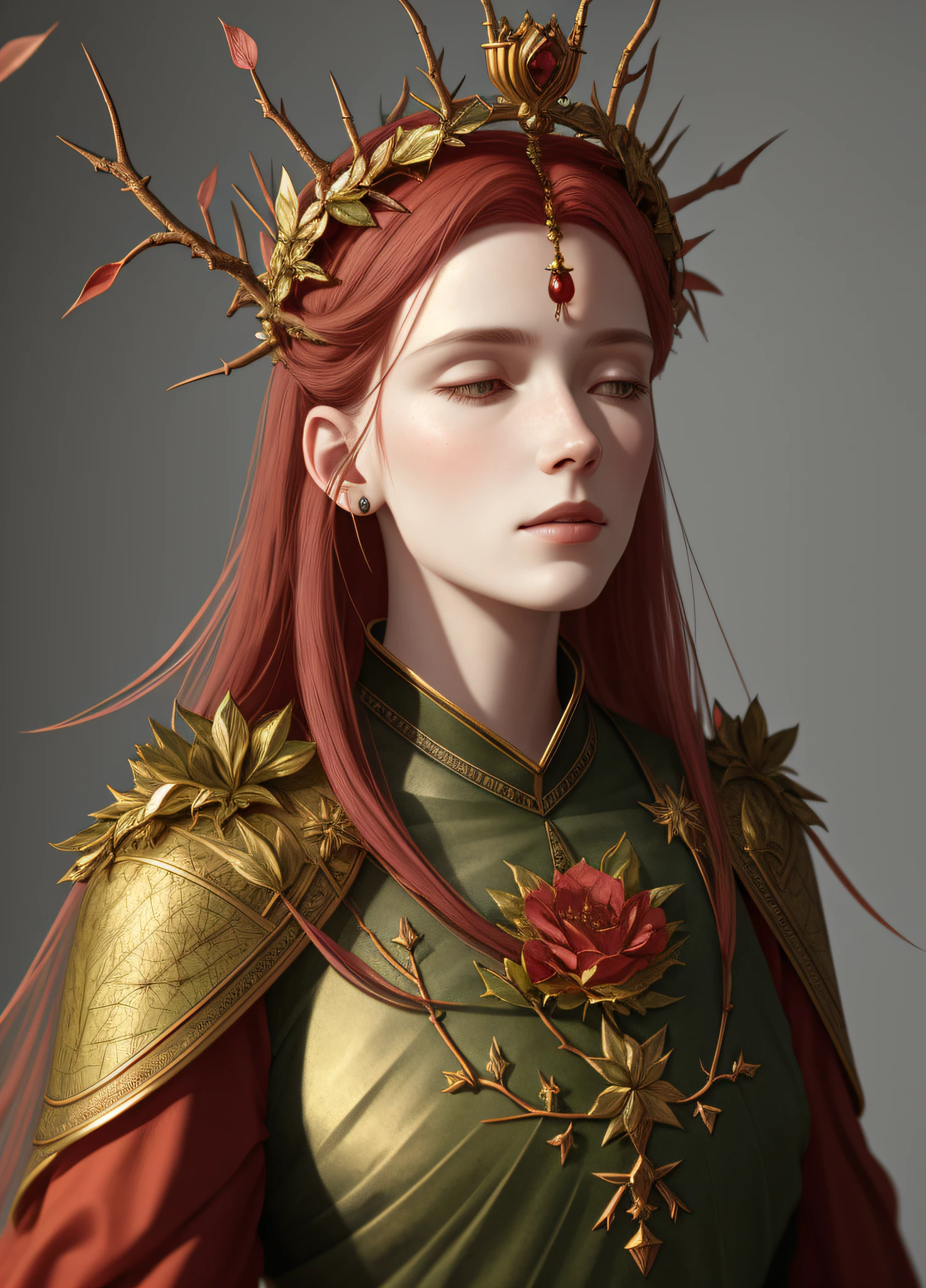 portrait of lady with Thorn crown from thorny twigs, half-closed eyes, shy, wrapped on the sheet, octane render, dramatic lighting, keltic, roman, european, side view from bottom, anatomically correct, super detailed