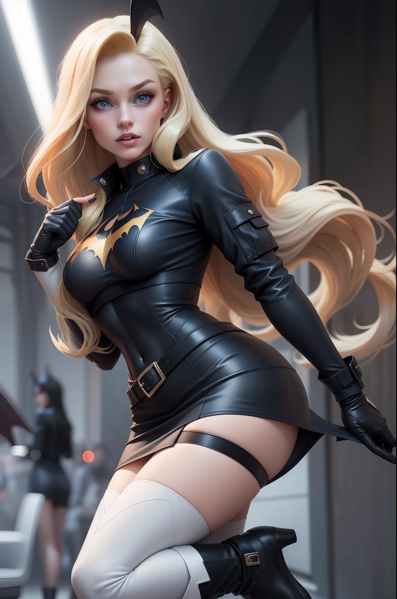 Sexy Batgirl Long blonde hair and blue eyes, black hair band, white croptop, long sleeves, jacket, blue pencil skirt, red boots, white gloves, high heeled boot