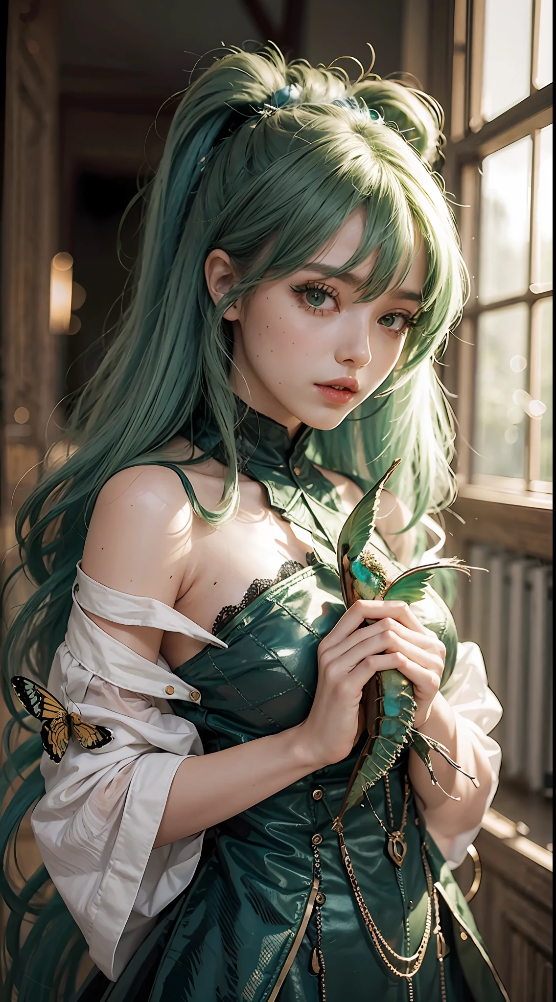 A very beautiful girl with green hair holds a large separated insect head in her hands