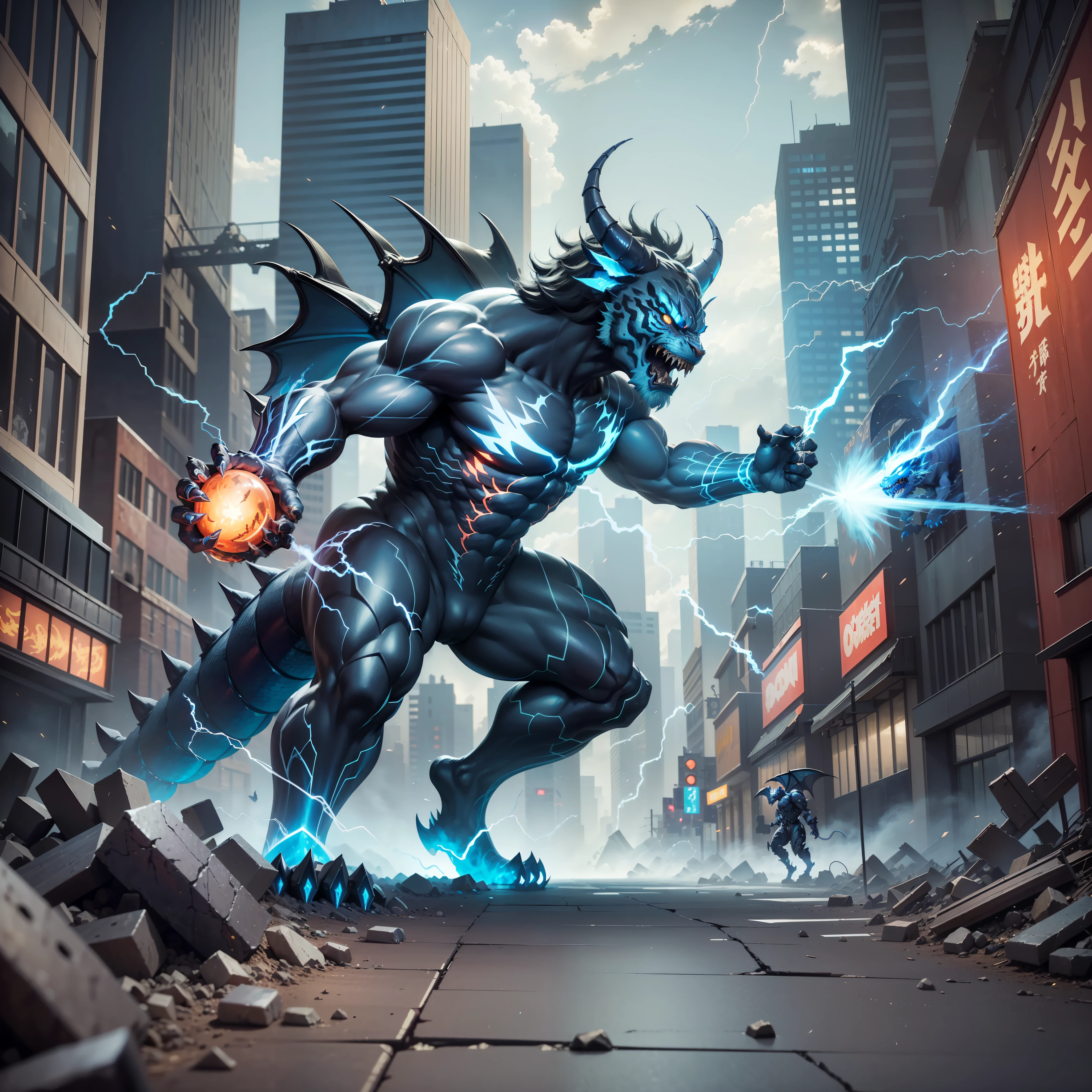 (Demon Dragon and Demon Tiger Doomsday Battlefield, blue and black lightning particles emitting around), 3D rendering, movie special effects, movie lighting, background in ruined city, clear HD, 8K resolution, very detailed, digital painting, concept art, Shinkai Makoto style, pop popularization trend, pop, pop trend, pop trend on pixiv.