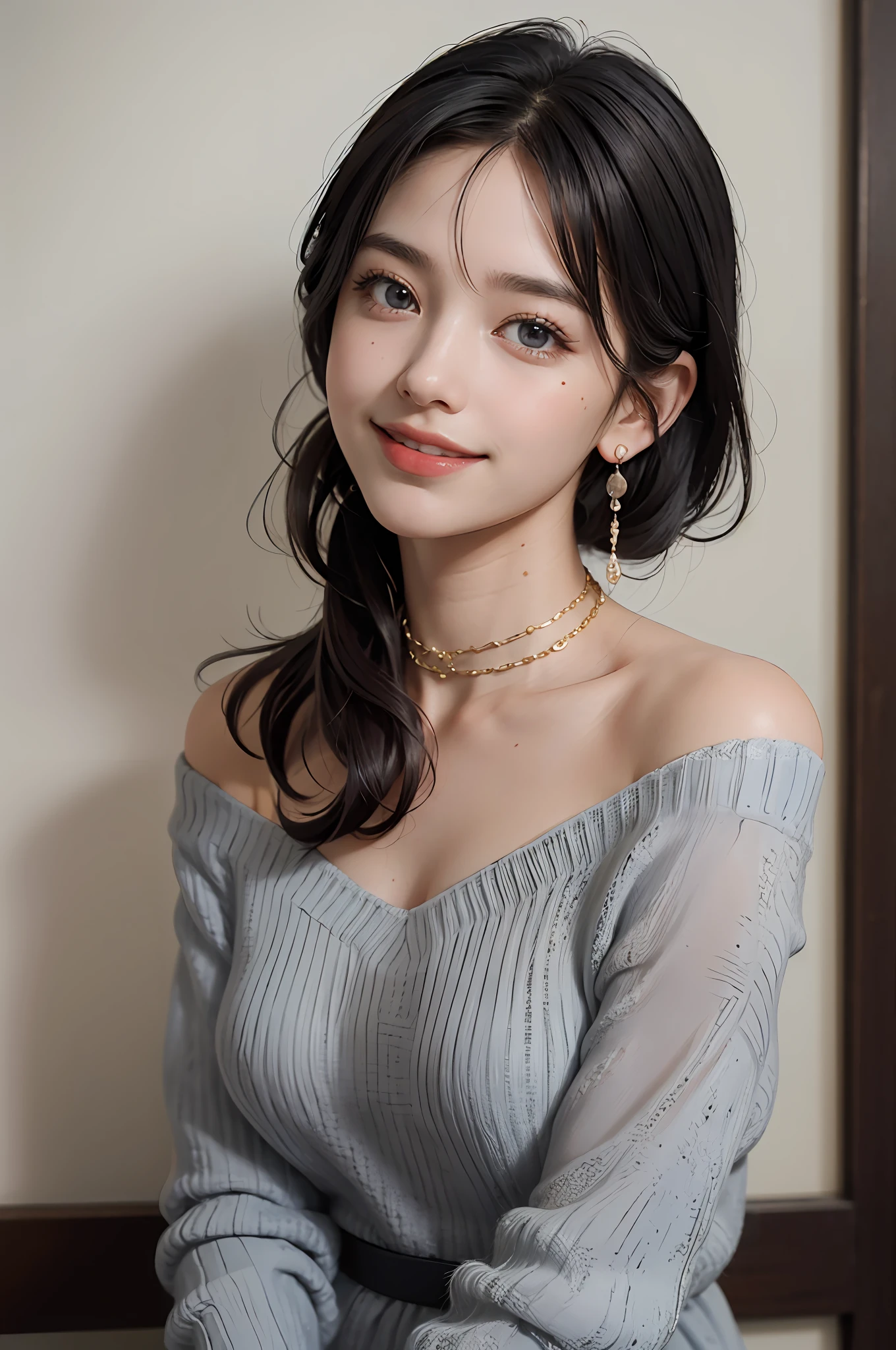 (Masterpiece: 1.3), (8k, Photorealistic, RAW Photo, Best Quality: 1.4), (1girl), Beautiful Face, (Realistic Face), (Black Hair, Short Hair: 1.3), Beautiful Hairstyle, (Bangs), (Smile), Smile, Realistic Eyes, Gloss, Highlights, Highlights in the Eyes, Eyelashes, Beautiful Detail Eyes, (Realistic Skin), Beautiful Skin, Transparency, Off Shoulder, Red knit, blue knit, black shoulder strap, shoulder strap, thick choker, bust, smile, tooth, absurdity, attractive, ultra high resolution, ultra-realistic, high definition, golden ratio, crystal clear eyes, wet, mole, gaze on camera, ears, sparkle, long neck, double eyelids, big eyes, cheeks, gentle character, attractive personality, gentle, touching, overwhelming charm, bright personality