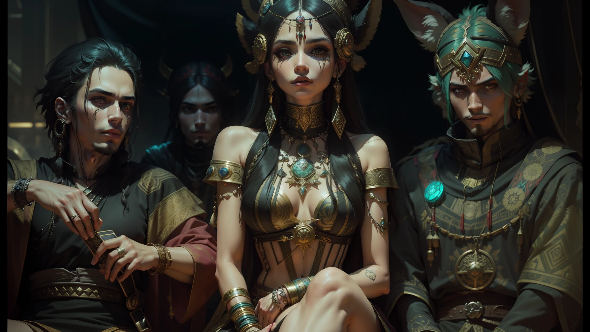 there are three people that are sitting together in the dark, ornate cyberpunk armor, gypsy, fashion photo, mononoke, wearing an elegant tribal outfit, yulia nevskaya, ancient gods, fairy cgsociety, aesthetic / a riot in mars, ayahuasca, vadim voitekhovitch, archfey --auto --s2