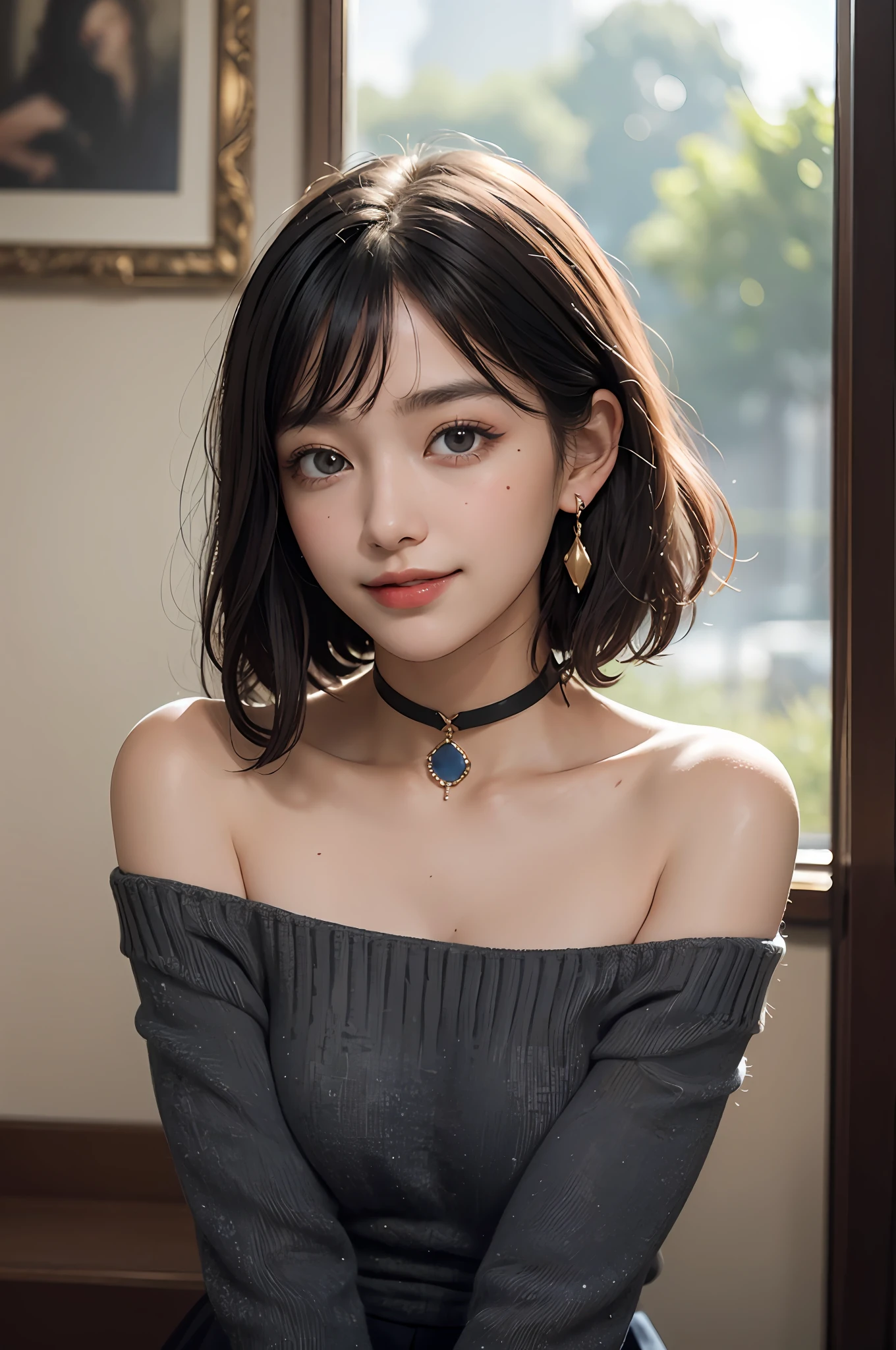 (Masterpiece: 1.3), (8k, Photorealistic, RAW Photo, Best Quality: 1.4), (1girl), Beautiful Face, (Realistic Face), (Black Hair, Short Hair: 1.3), Beautiful Hairstyle, (Bangs), (Smile), Smile, Realistic Eyes, Gloss, Highlights, Highlights in the Eyes, Eyelashes, Beautiful Detail Eyes, (Realistic Skin), Beautiful Skin, Transparency, Off Shoulder, Red knit, blue knit, black shoulder strap, shoulder strap, thick choker, bust, smile, tooth, absurdity, attractive, ultra high resolution, ultra-realistic, high definition, golden ratio, crystal clear eyes, wet, mole, gaze on camera, ears, sparkle, long neck, double eyelids, big eyes, cheeks, gentle character, attractive personality, gentle, touching, overwhelming charm, bright personality