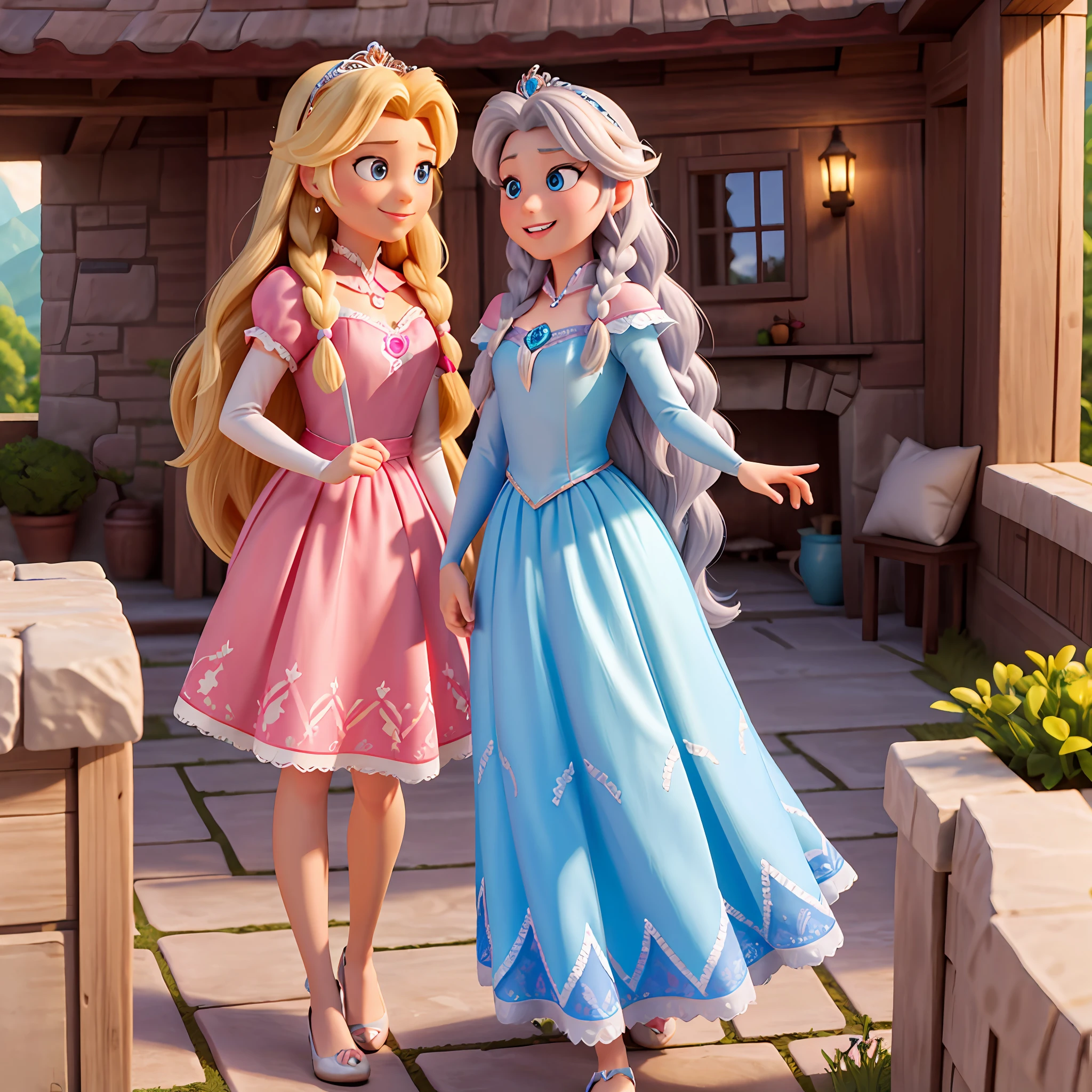 Masterpiece, best quality, (8k very detailed CG unit wallpaper) (best quality), (best illustration), (best shadows), Ultra realistic, high definition, very detailed, Disney princess Rapunzel in pink dress and blonde hair, is talking to Disney princess Elsa in blue dress and silver hair, in a valley cottage, both princess are smiling and happy and looking at each other, looking at each other’s face