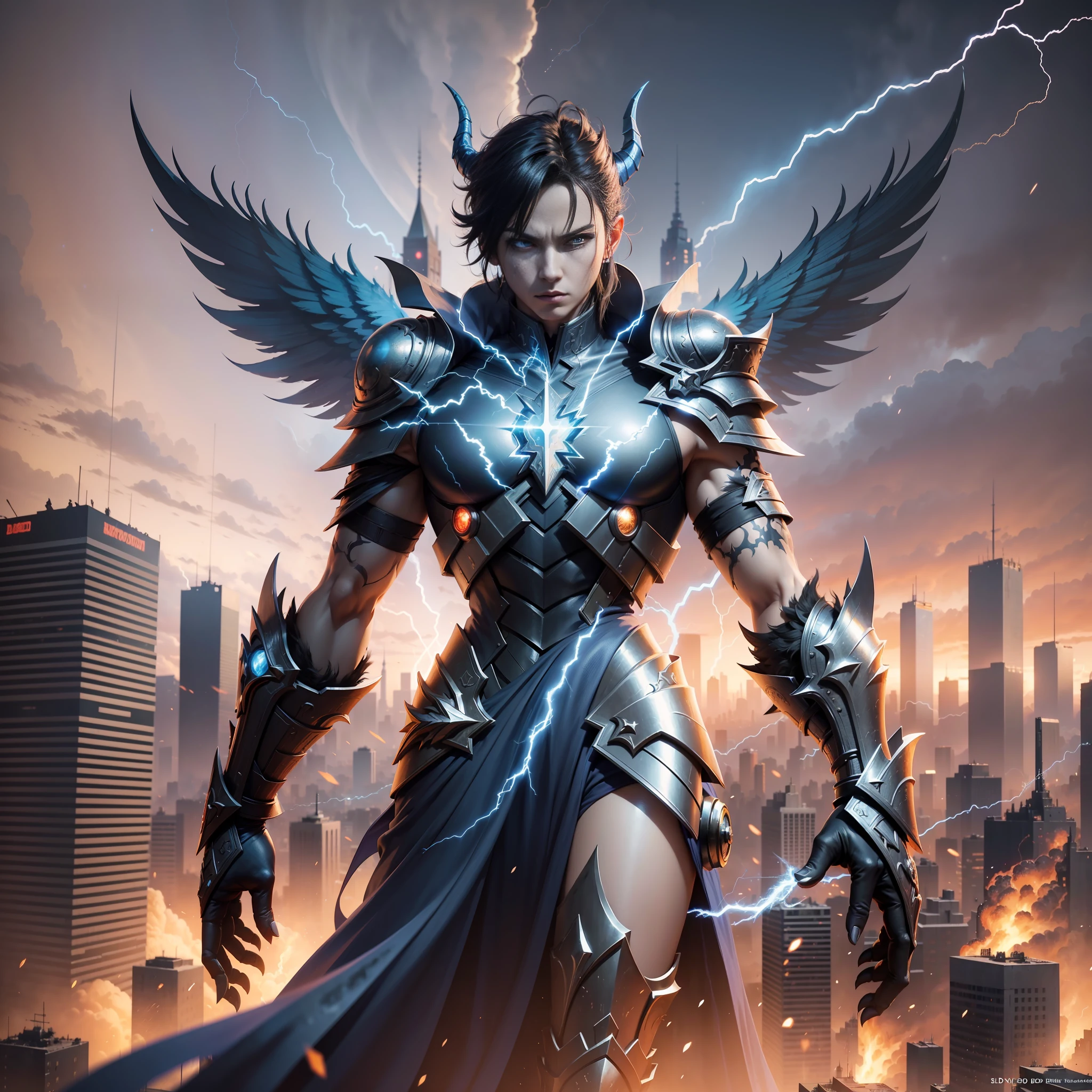 (Demon God with wings on the back of the apocalyptic battlefield, surrounded by blue and black lightning particles), 3D rendering, movie special effects, movie lighting, background is ruined city, clear HD, 8K resolution, very detailed, digital painting, concept art, Shinkai Makoto style, pop popularization trend, pop, pop trend, pop trend on pixiv.