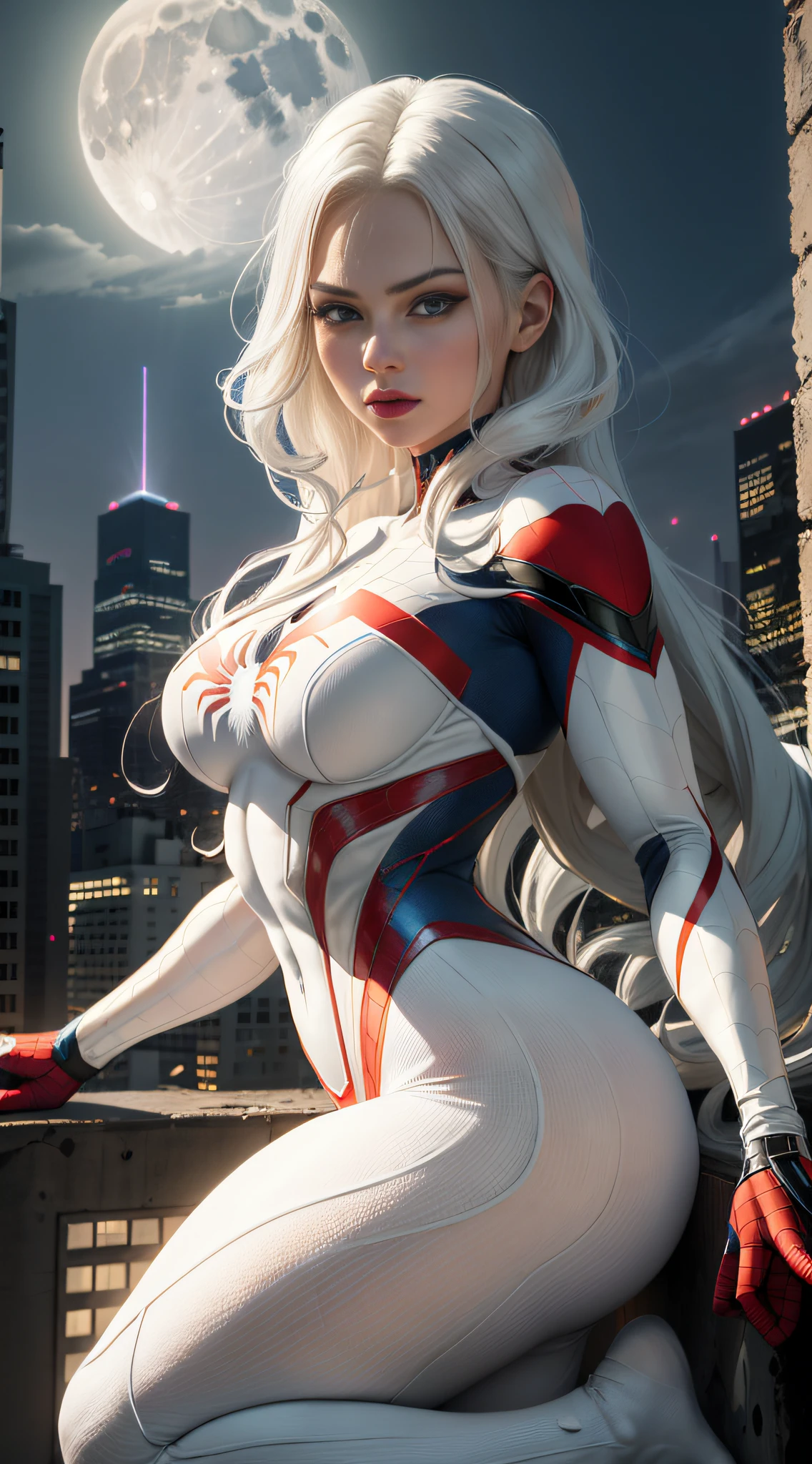(Masterpiece, 4k resolution, ultra-realistic, very detailed), (White superhero theme, charismatic, there's a girl on top of town, wearing Spider-Man costume, she's a superhero), [ ((25 years), (long white hair:1.2), full body, (blue eyes:1.2), ((Spider-Man pose),show of strength, jumping from one building to another), ((sandy urban environment):0.8)| (cityscape, at night, dynamic lights), (full moon))] # Explanation: The Prompt mainly describes a 4K painting of ultra-high definition, very realistic, very detailed. It shows a superheroine at the top of the city, wearing a Spider-Man costume. The theme in the painting is a white superhero theme, the female protagonist has long white hair, is 25 years old and her entire body is shown in the painting. In terms of portraying the actions of superheroines, spiders are employed