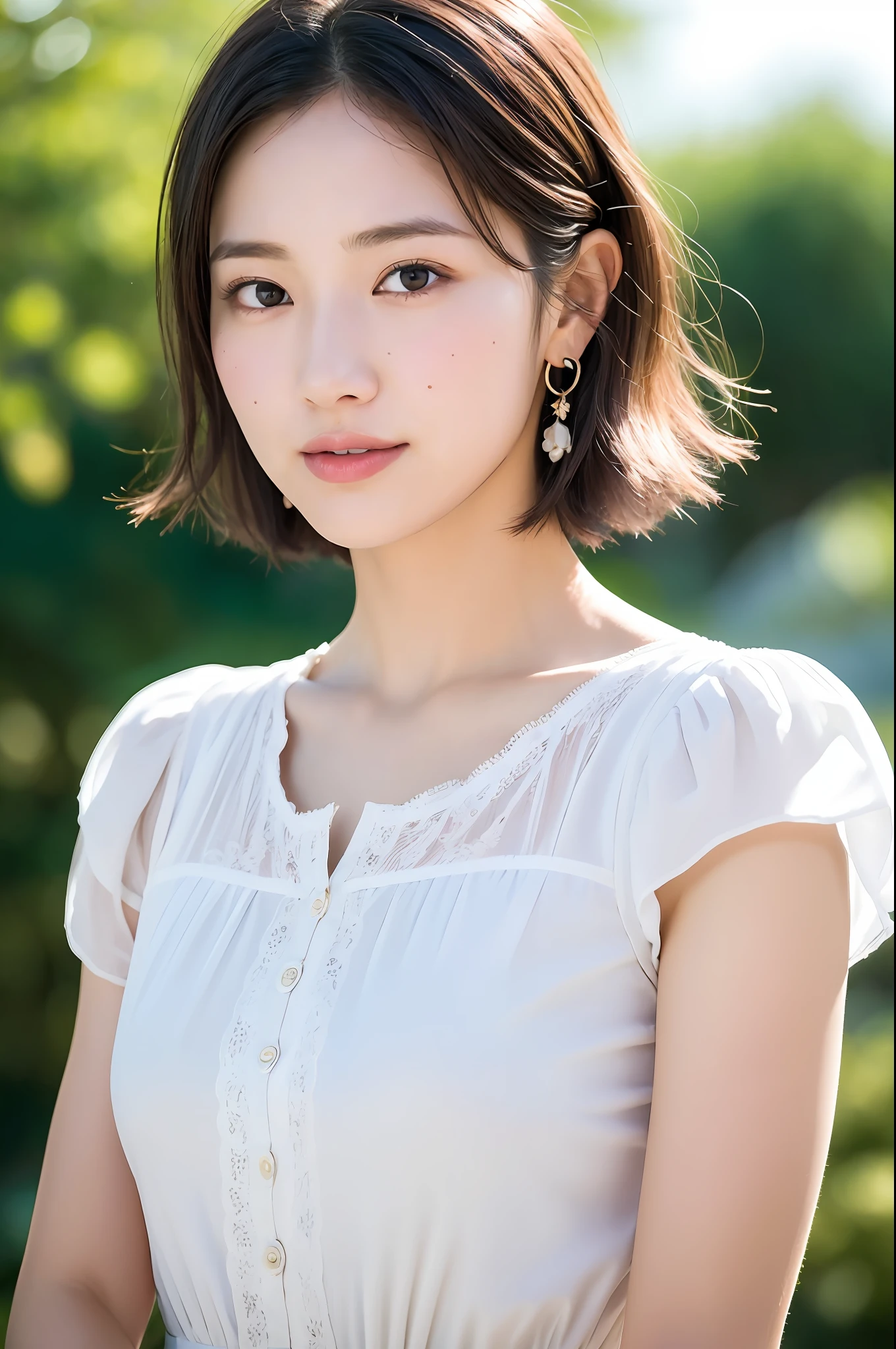 (8k, RAW photos, top quality, masterpieces: 1.2), super detail, ultra high resolution, (photorealistic, photorealistic photos: 1.37), portraits, high detail RAW color photos, professional photos, particle texture photos, very delicate and beautiful, very detailed, 8k wallpapers, amazingly detailed details, huge file size, official art, Highly detailed CG Unity 8k wallpaper, very detailed beautiful girl, very detailed face, Very detailed eyes, very detailed skin, very detailed fingers, very detailed nose, very detailed mouth, perfect anatomy, very detailed background, very detailed clothes, 1 girl, (20 years old: 1.2), 20s, cute girl, realistic body, petite face pores, fine facial freckle marks, rough skin, slender body, handsome body, black hair, short hair, (bangs: 1.2), smile, cute, youth, cute face, realistic face, delicate eyes, drooping eyes, white blouse, short yellow skirt, earrings, viewer view, cowboy shot, facing forward, standing pose, contraposto, dynamic lighting, middle chest, cowboy shot