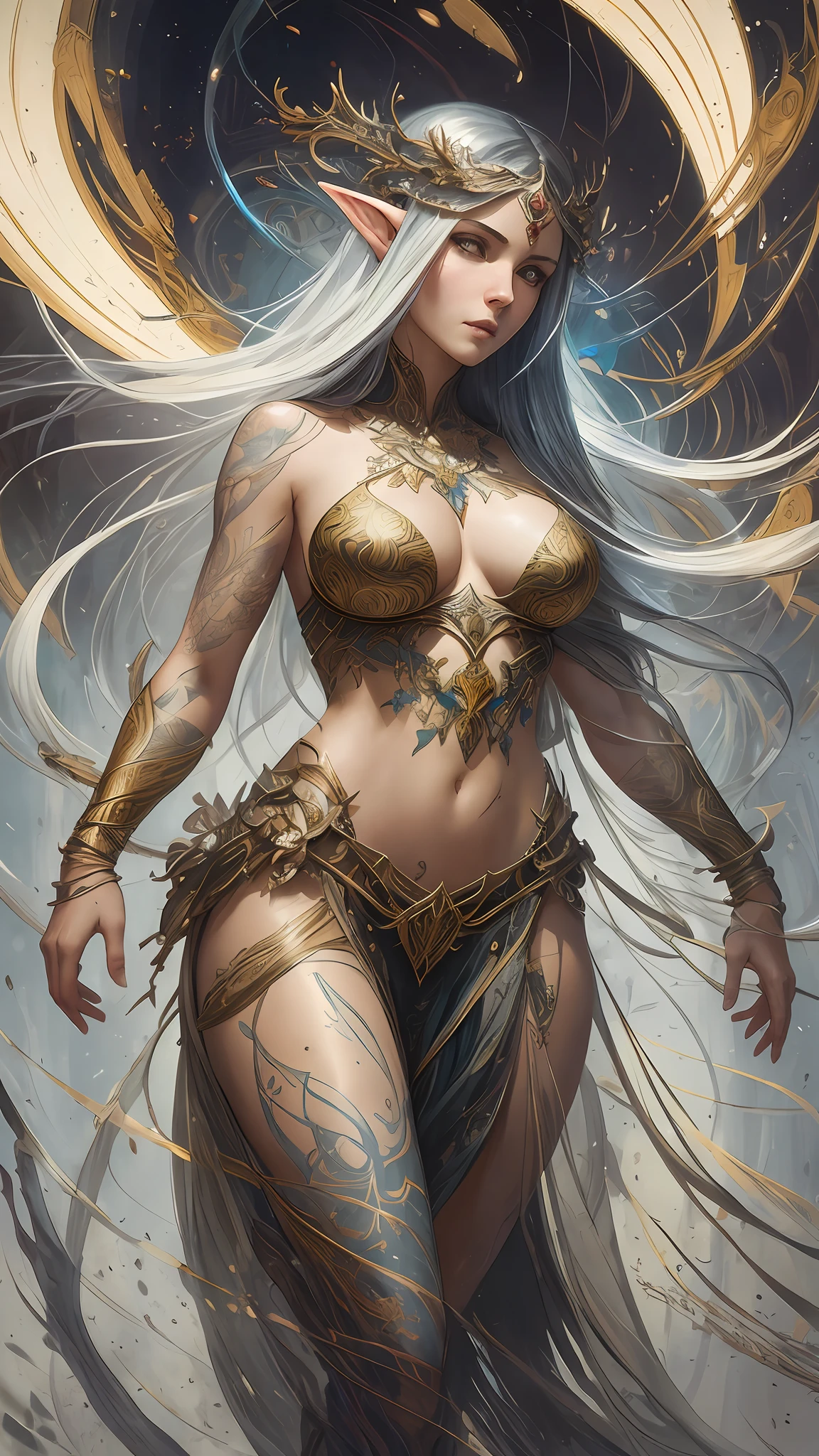 a beautiful full figure painting of perfect female elf woman, shapeless long hair, black hair, white hair, huge mammaries, perfect features, wearing Rococo style dress, art by Carne Griffiths and Wadim Kashin Concept art, ethereal background, abstract beauty, stand, near perfection, pure form, Golden Ratio, minimalism, unfinished, concept art, By Brian Froud and Carne Griffiths and Wadim Kashin and John William Waterhouse, intricate detail, 8k post-production, High resolution, super Detail, art station Trends, sharp focus, studio photos, intricate detail, Very detailed, By Greg Rutkowski --auto --s2