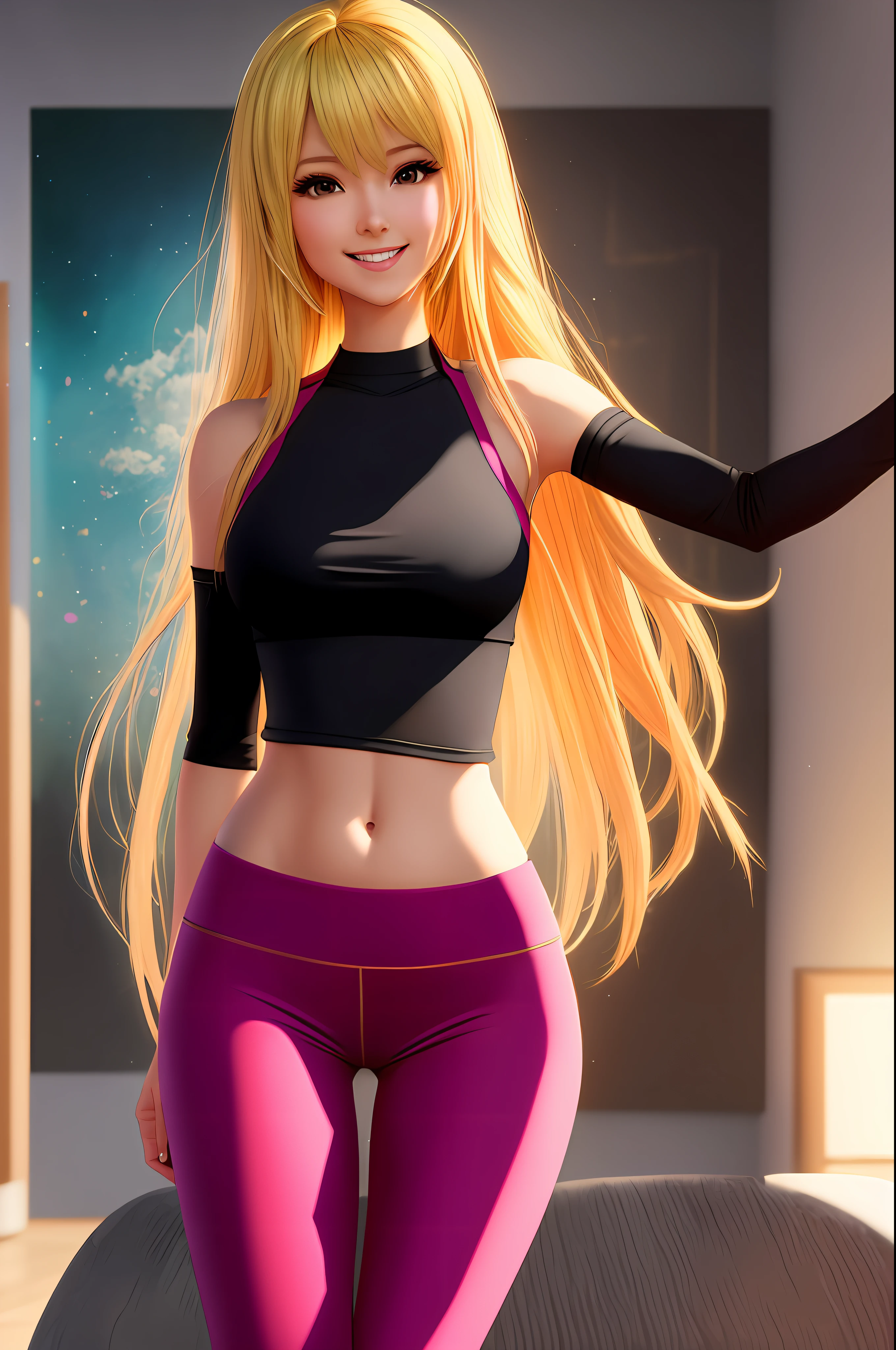 extra realistic colorful detail photography ,pretty petite anime woman named Million Dollar Babes,smile , blonde hair ,extra fantasy petite body , super thin small waist ,yoga pants ,tight shirt ,cute cartoon Character slam body proportions ,realistic style photography ,octane rendering ,intricate soft light,extra texture ,erotix ,Navel exposed,living
room background