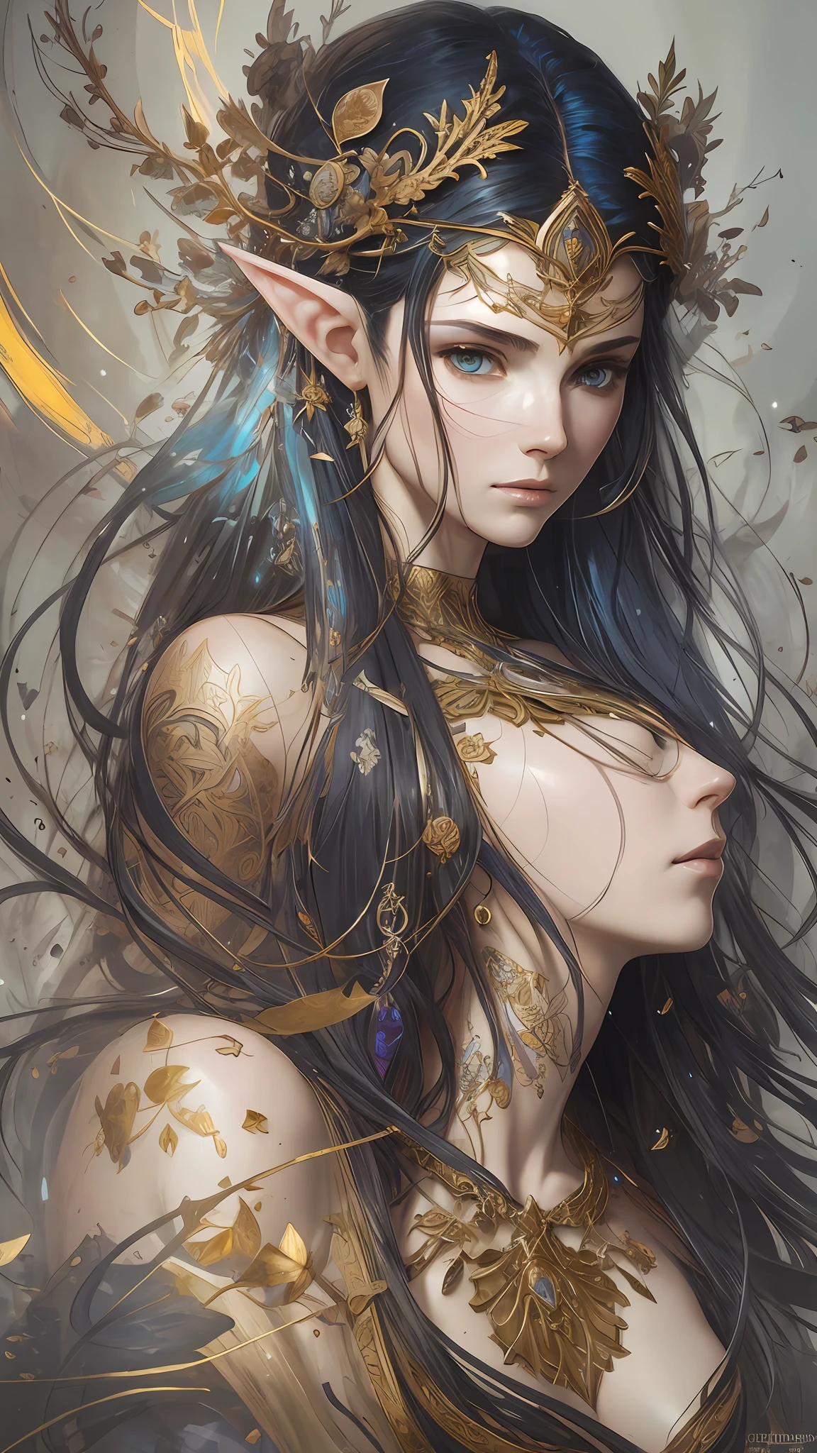 a beautiful full figure painting of perfect female elf woman, shapeless long hair, black hair, white hair, huge mammaries, perfect features, wearing Rococo style dress, art by Carne Griffiths and Wadim Kashin Concept art, ethereal background, abstract beauty, stand, near perfection, pure form, Golden Ratio, minimalism, unfinished, concept art, By Brian Froud and Carne Griffiths and Wadim Kashin and John William Waterhouse, intricate detail, 8k post-production, High resolution, super Detail, art station Trends, sharp focus, studio photos, intricate detail, Very detailed, By Greg Rutkowski --auto --s2