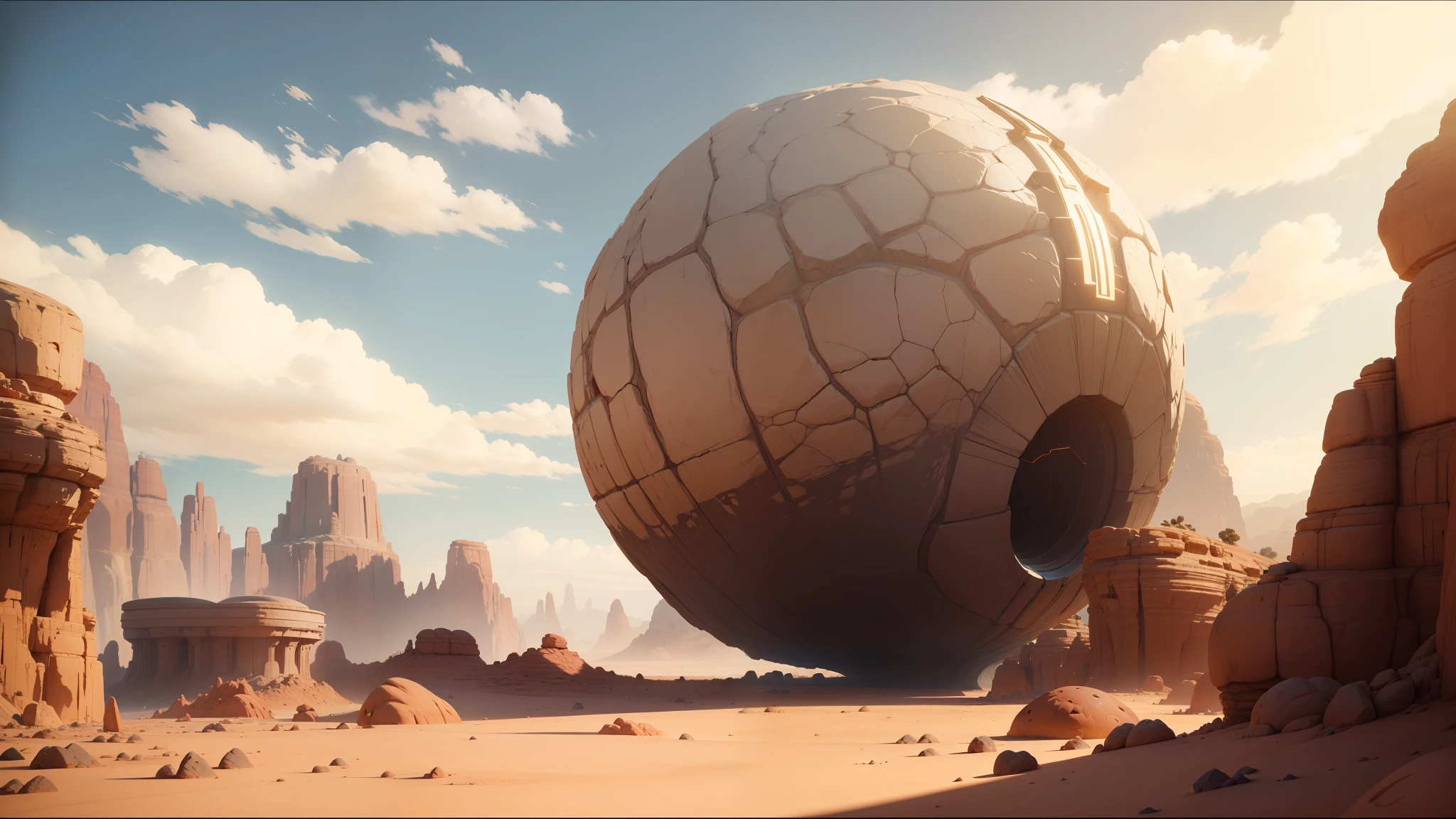 there is a large rock in the middle of a desert, unreal engine 5 showcase, jodorowsky's dune, still from anime, by Antoni Pitxot, sisyphus compostition, shai-hulud, biomutant, the artist has used bright, inspired by Ludovit Fulla, giant hammer --auto --s2