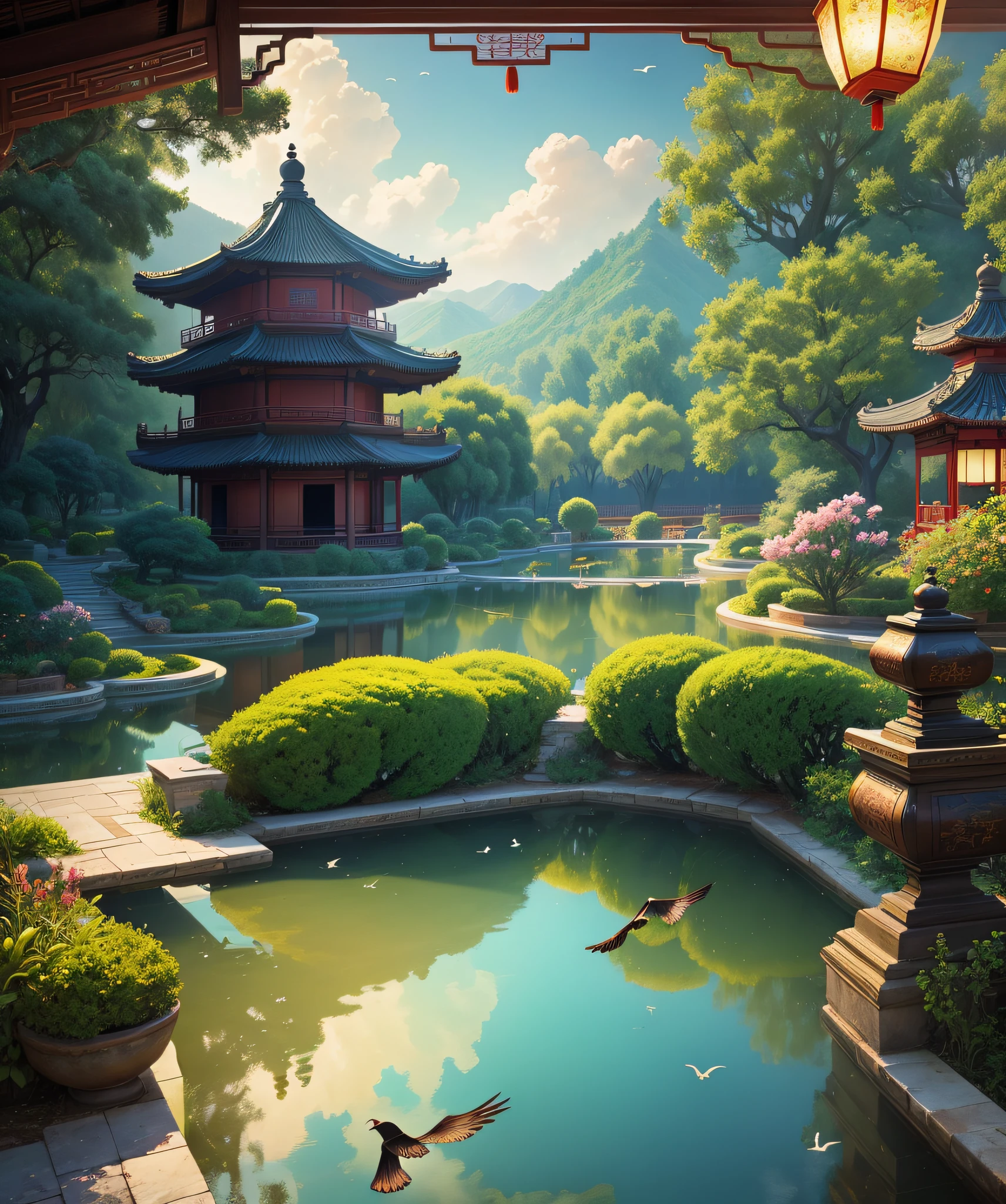 Vista, real scene, Chinese palace, garden, stream, birds and beasts, clouds, magnificent, beautiful woman gorgeous decoration, antique, lantern, depth of field, majestic, glazed tiles, colorful light, , masterpiece, high quality, exquisite graphics, high detail,