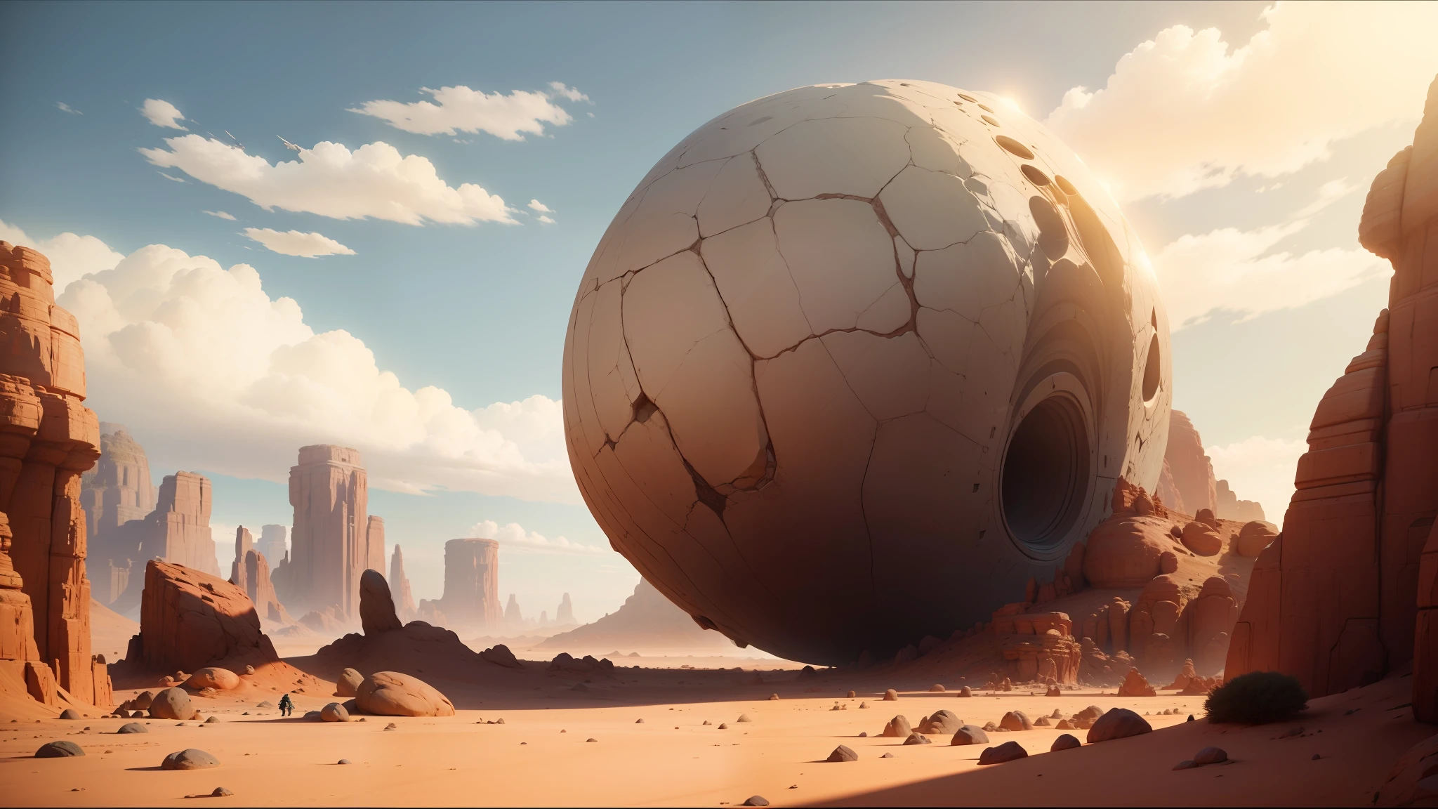 there is a large rock in the middle of a desert, unreal engine 5 showcase, jodorowsky's dune, still from anime, by Antoni Pitxot, sisyphus compostition, shai-hulud, biomutant, the artist has used bright, inspired by Ludovit Fulla, giant hammer --auto --s2