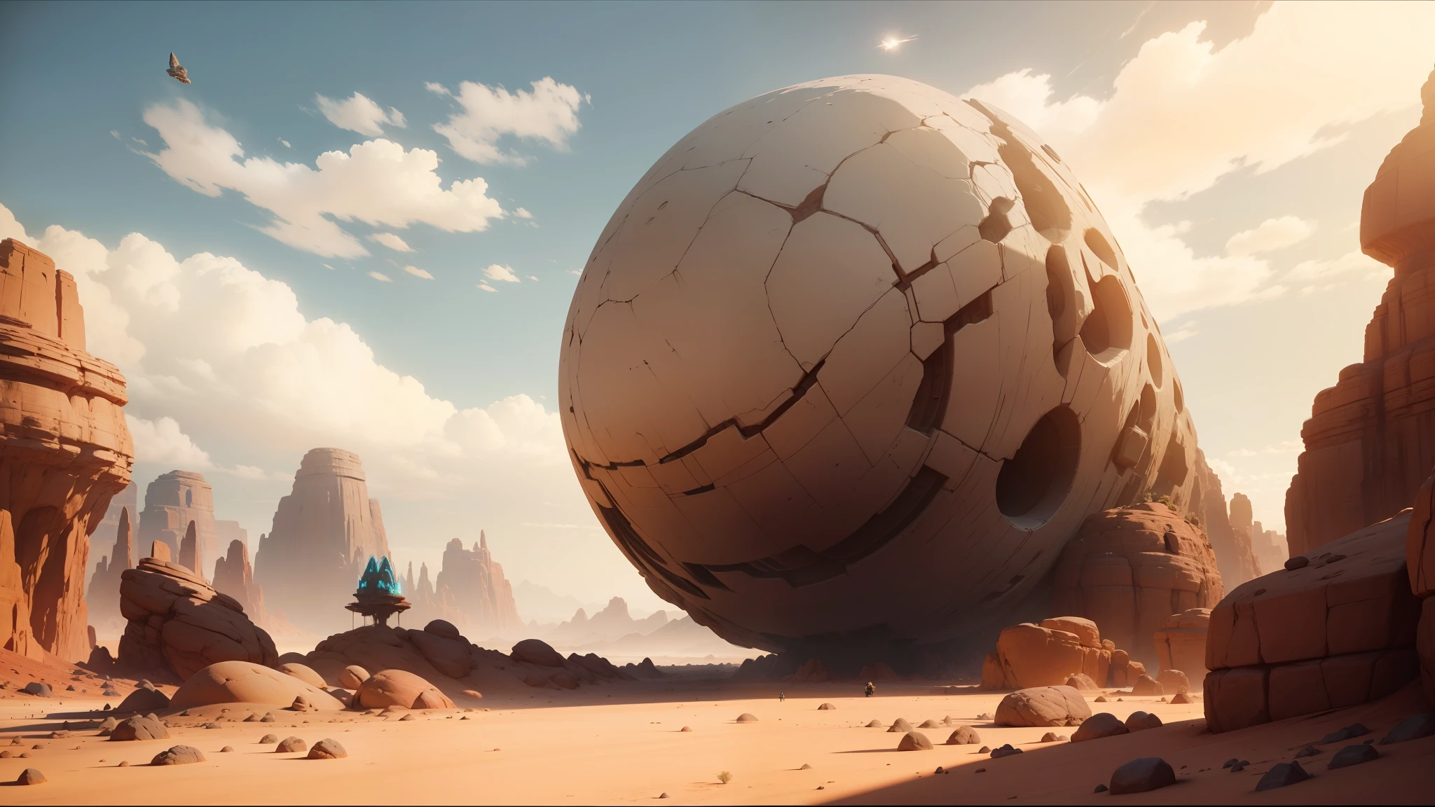 there is a large rock in the middle of a desert, unreal engine 5 showcase, jodorowsky's dune, still from anime, by Antoni Pitxot, sisyphus compostition, shai-hulud, biomutant, the artist has used bright, inspired by Ludovit Fulla, giant hammer --auto --s2