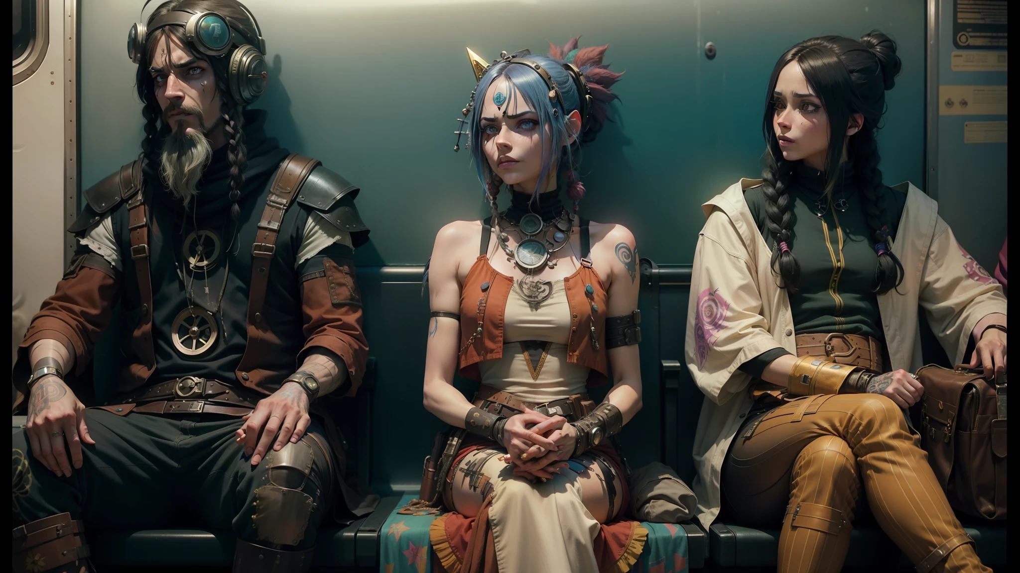 three people dressed up in costumes sitting on a train, still from alita, cyberpunk angry gorgeous druid, finnian macmanus, dollpunk, hippie fashion, archillect, beautifully designed character, hippie chic, acid pixie, 70's, desolated, sitting in a waiting room, fiberpunk, keyframe --auto --s2