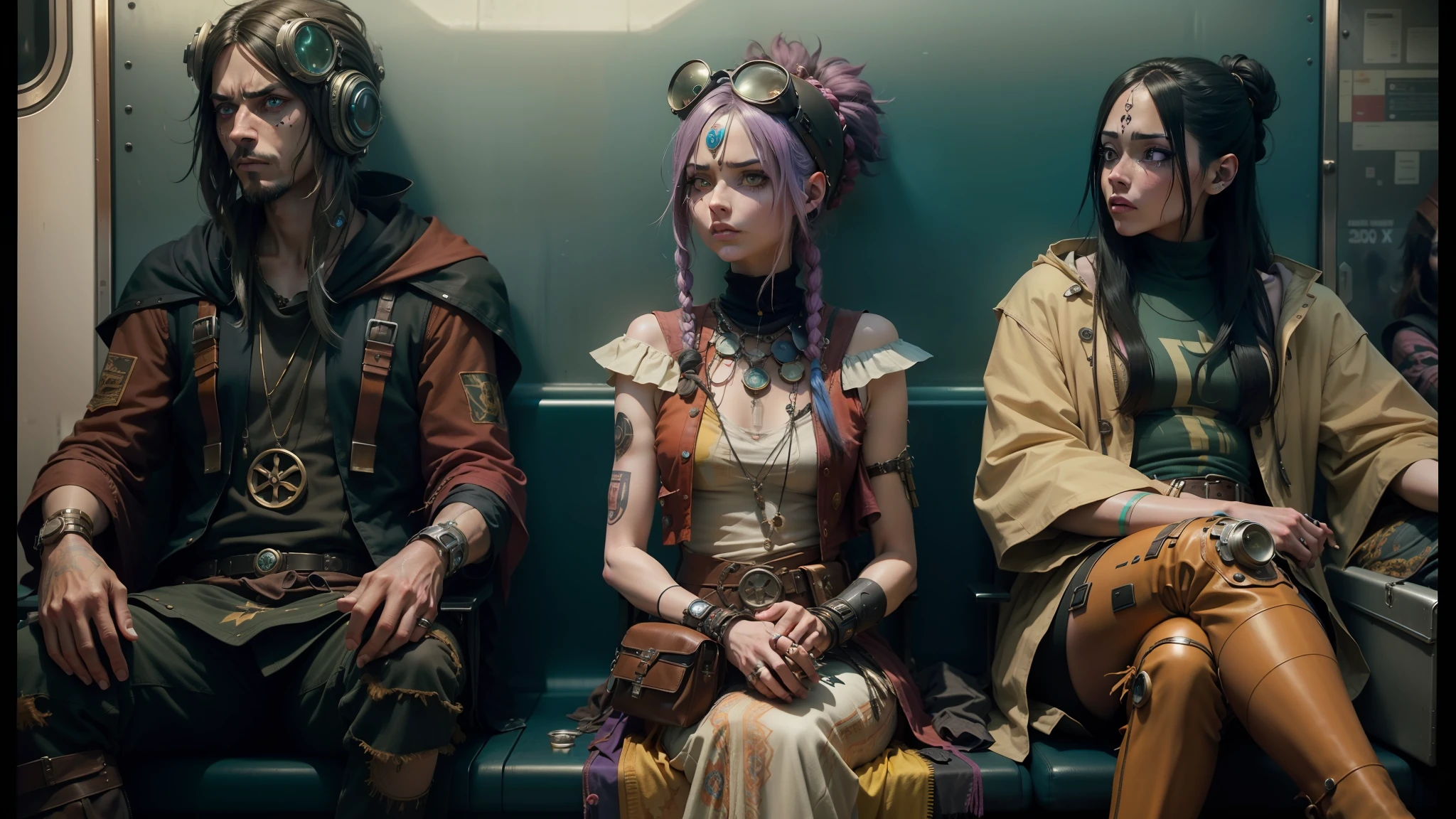 three people dressed up in costumes sitting on a train, still from alita, cyberpunk angry gorgeous druid, finnian macmanus, dollpunk, hippie fashion, archillect, beautifully designed character, hippie chic, acid pixie, 70's, desolated, sitting in a waiting room, fiberpunk, keyframe --auto --s2