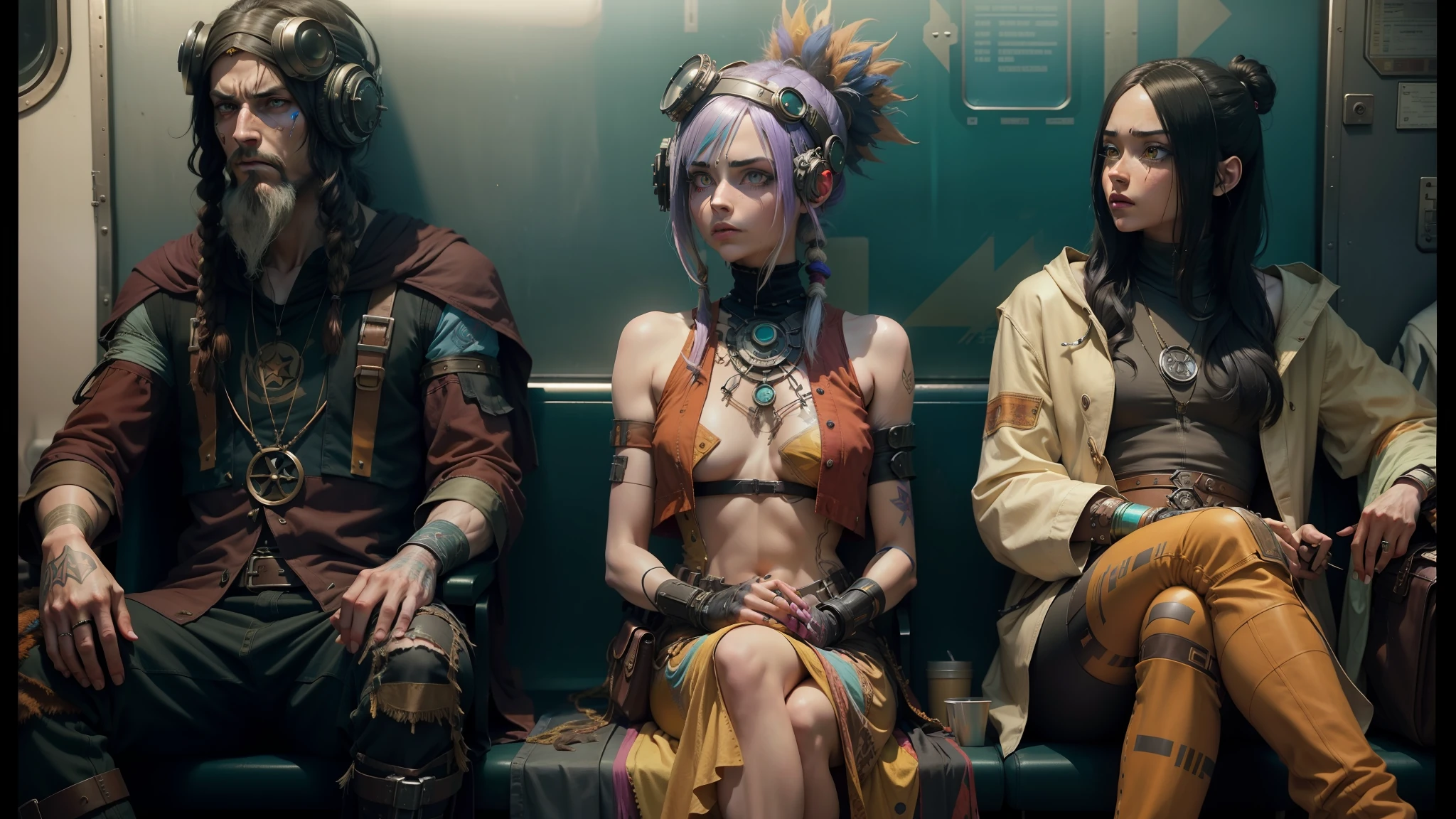 three people dressed up in costumes sitting on a train, still from alita, cyberpunk angry gorgeous druid, finnian macmanus, dollpunk, hippie fashion, archillect, beautifully designed character, hippie chic, acid pixie, 70's, desolated, sitting in a waiting room, fiberpunk, keyframe --auto --s2