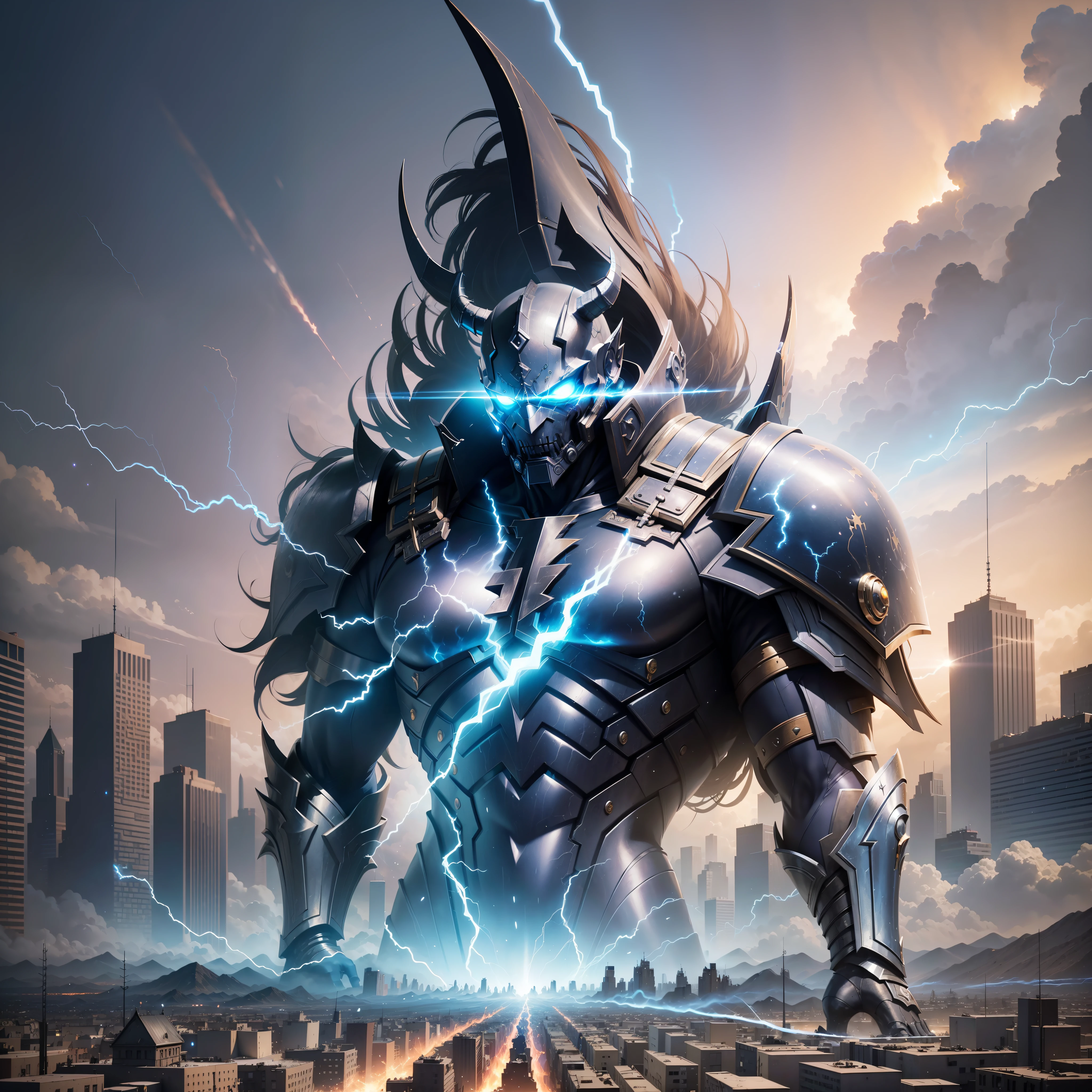 (Demon God with wings on the back of the apocalyptic battlefield, surrounded by blue and black lightning particles), 3D rendering, movie special effects, movie lighting, background is ruined city, clear HD, 8K resolution, very detailed, digital painting, concept art, Shinkai Makoto style, pop popularization trend, pop, pop trend, pop trend on pixiv.