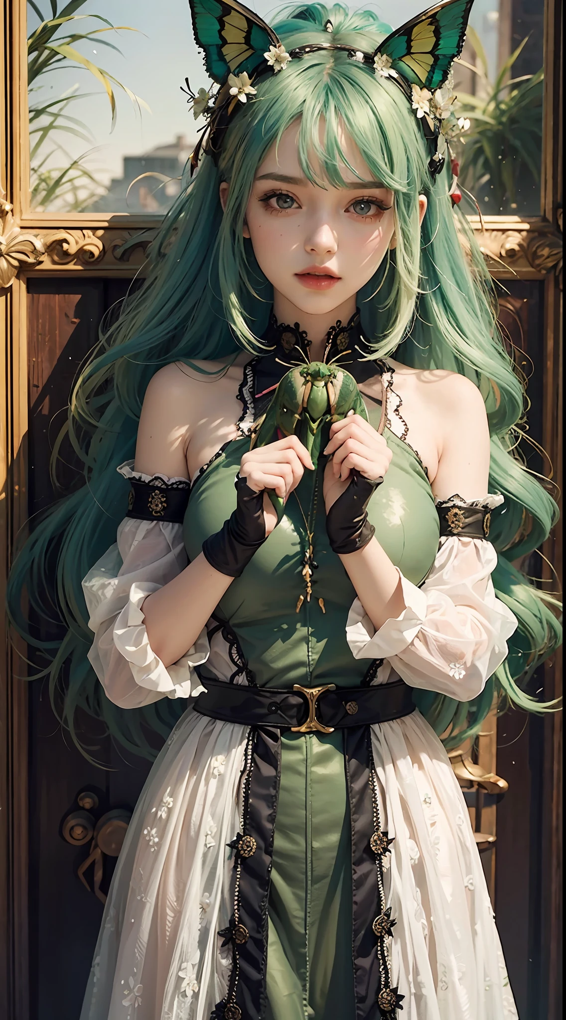A very beautiful girl with green hair holds a large separated insect head in her hands