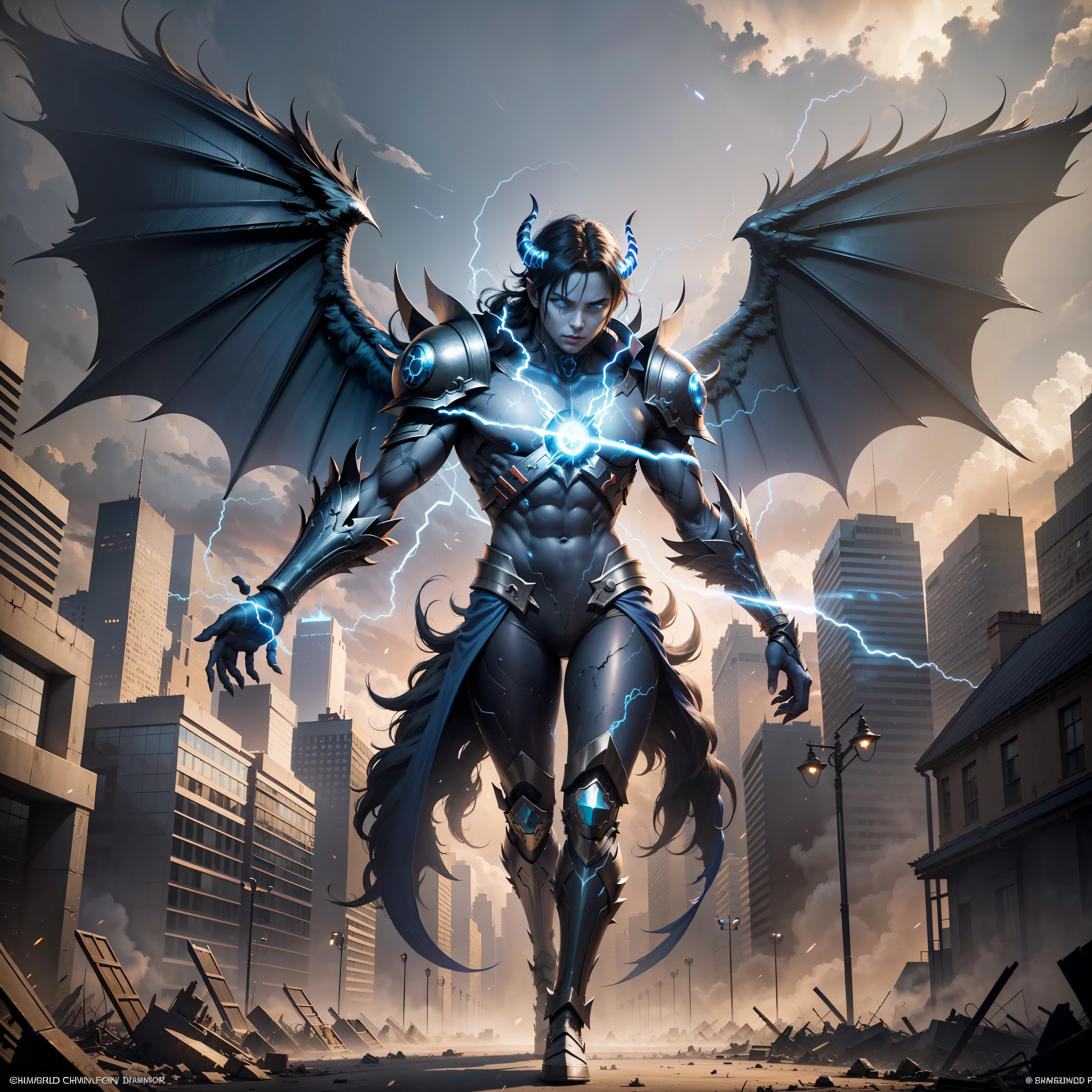(Demon God with wings on the back of the apocalyptic battlefield, surrounded by blue and black lightning particles), 3D rendering, movie special effects, movie lighting, background is ruined city, clear HD, 8K resolution, very detailed, digital painting, concept art, Shinkai Makoto style, pop popularization trend, pop, pop trend, pop trend on pixiv.