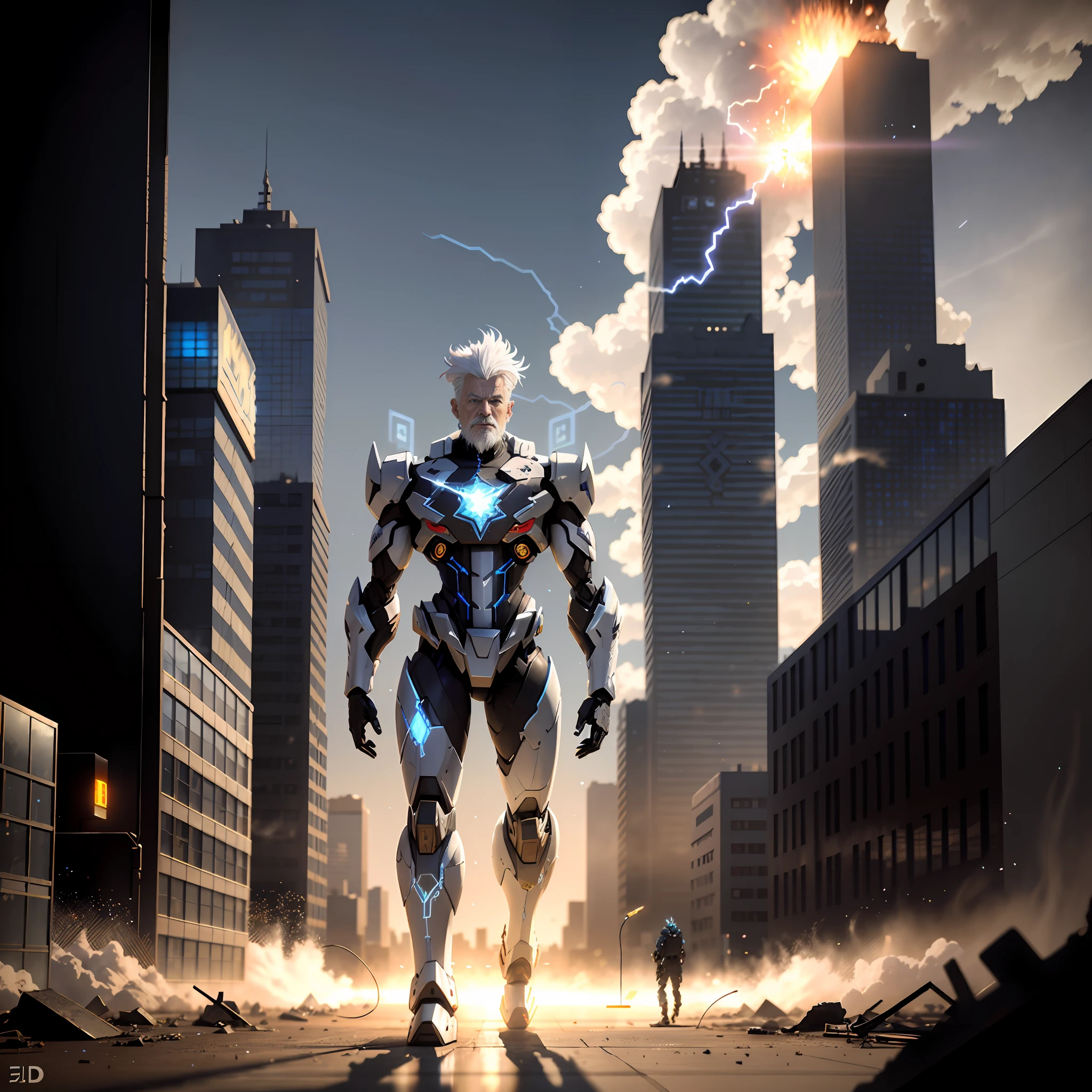 (Demon God Mecha white-haired old man, 3D rendering, blue and black lightning particles emitting around), background is apocalyptic city ruins, clear HD, 8K resolution, very detailed, digital painting, concept art, Shinkai Makoto style, pop popularization trend, pop, pop trend, pop trend.
