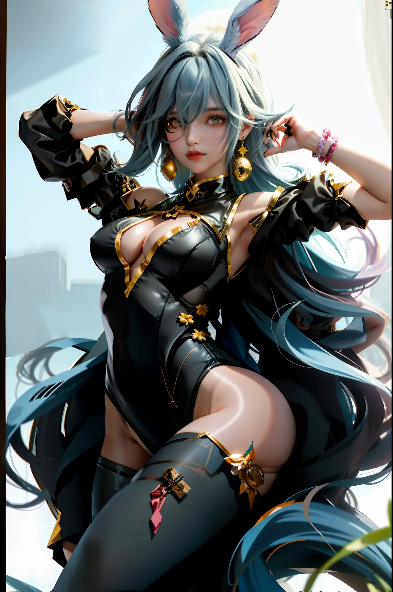 1girl, animal ears, ass visible through thighs, bangs, bare shoulders, blue leotard, blush, card, neckline, clothing cutout, cosplay, detached sleeves, fake animal ears, boa constrictor, fishnet pantyhose, fish nets, hair between eyes, highleg, highleg leotard, large breasts, leotard, long hair, looking at the viewer, lying down, navel, tie, on the back,  pantyhose, lips parted, playboy bunny, playing card, rabbit ears, locks, soil, sweat, thighs, chest, white hair, cuffs, yellow eyes