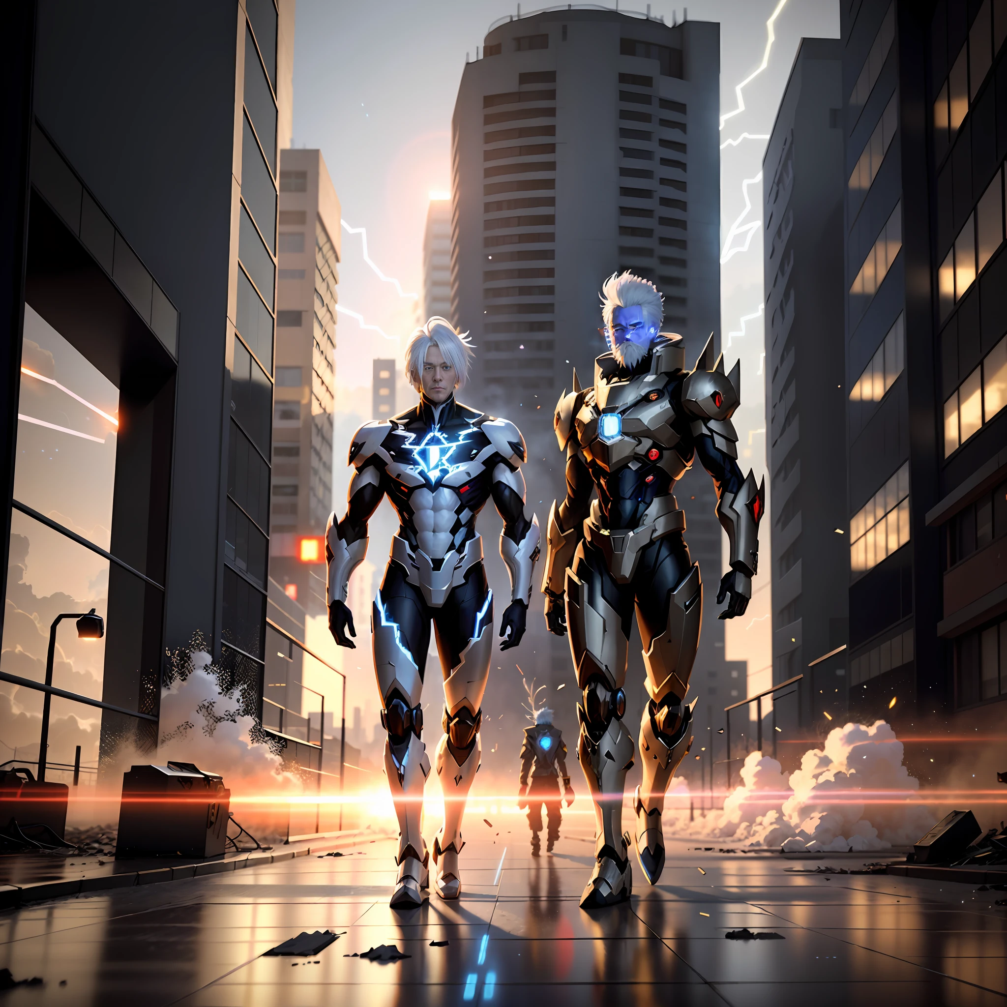 (Demon God Mecha white-haired old man, 3D rendering, blue and black lightning particles emitting around), background is apocalyptic city ruins, clear HD, 8K resolution, very detailed, digital painting, concept art, Shinkai Makoto style, pop popularization trend, pop, pop trend, pop trend.