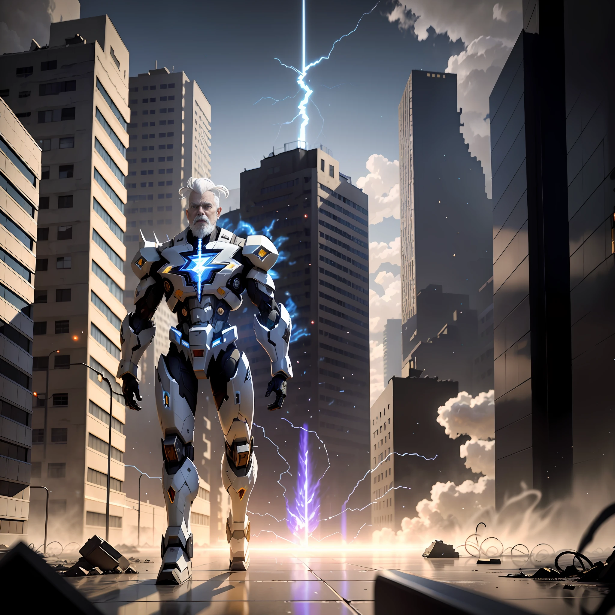 (Demon God Mecha white-haired old man, 3D rendering, blue and black lightning particles emitting around), background is apocalyptic city ruins, clear HD, 8K resolution, very detailed, digital painting, concept art, Shinkai Makoto style, pop popularization trend, pop, pop trend, pop trend.