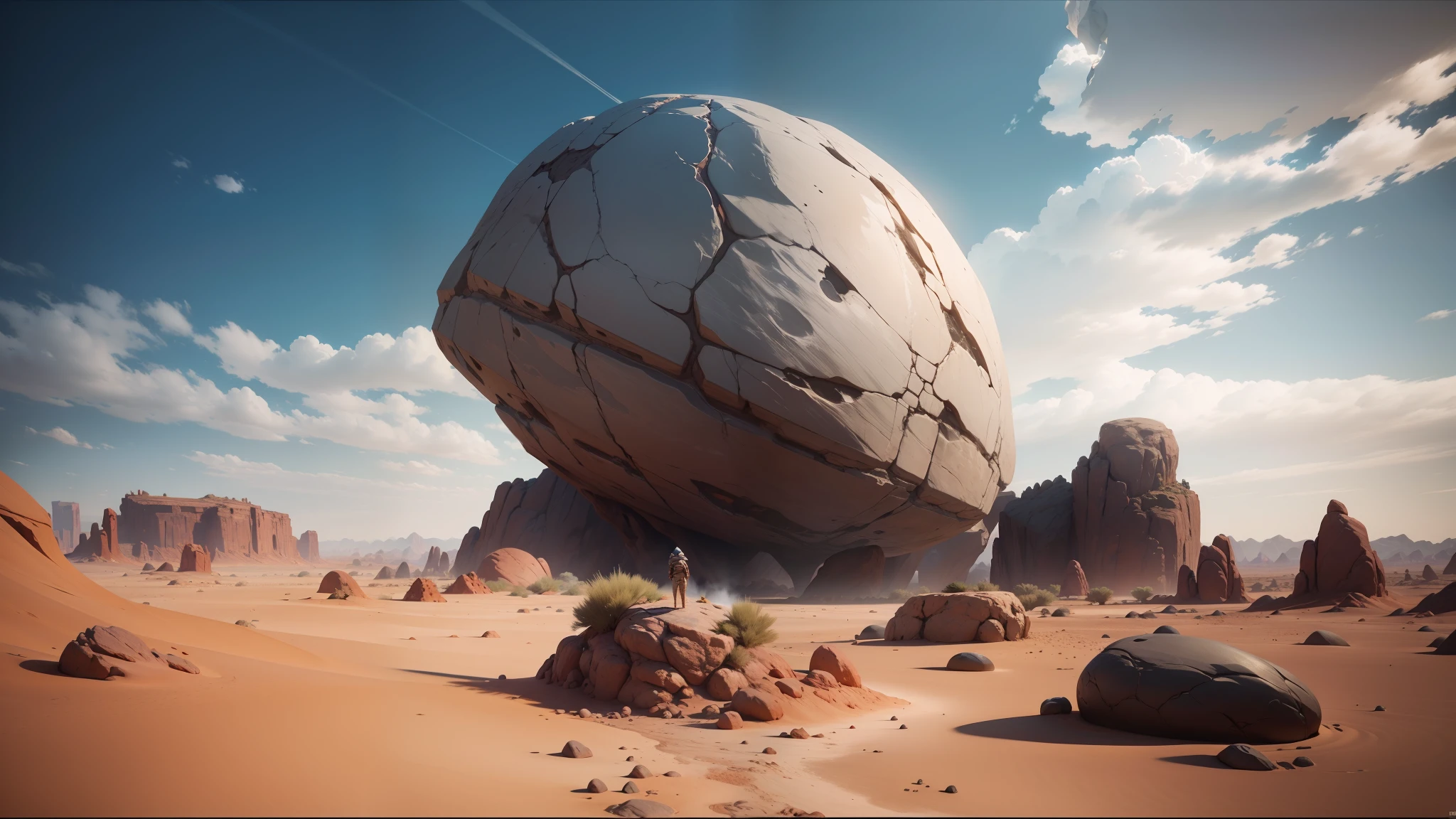 there is a large rock in the middle of a desert, unreal engine 5 », trending on artstattion, realistic clouds, inspired by Nicolaes Eliaszoon Pickenoy, holding a pair of fans. unreal 5, shai hulud, energy spheres, the witness, polycount contest winner --auto --s2