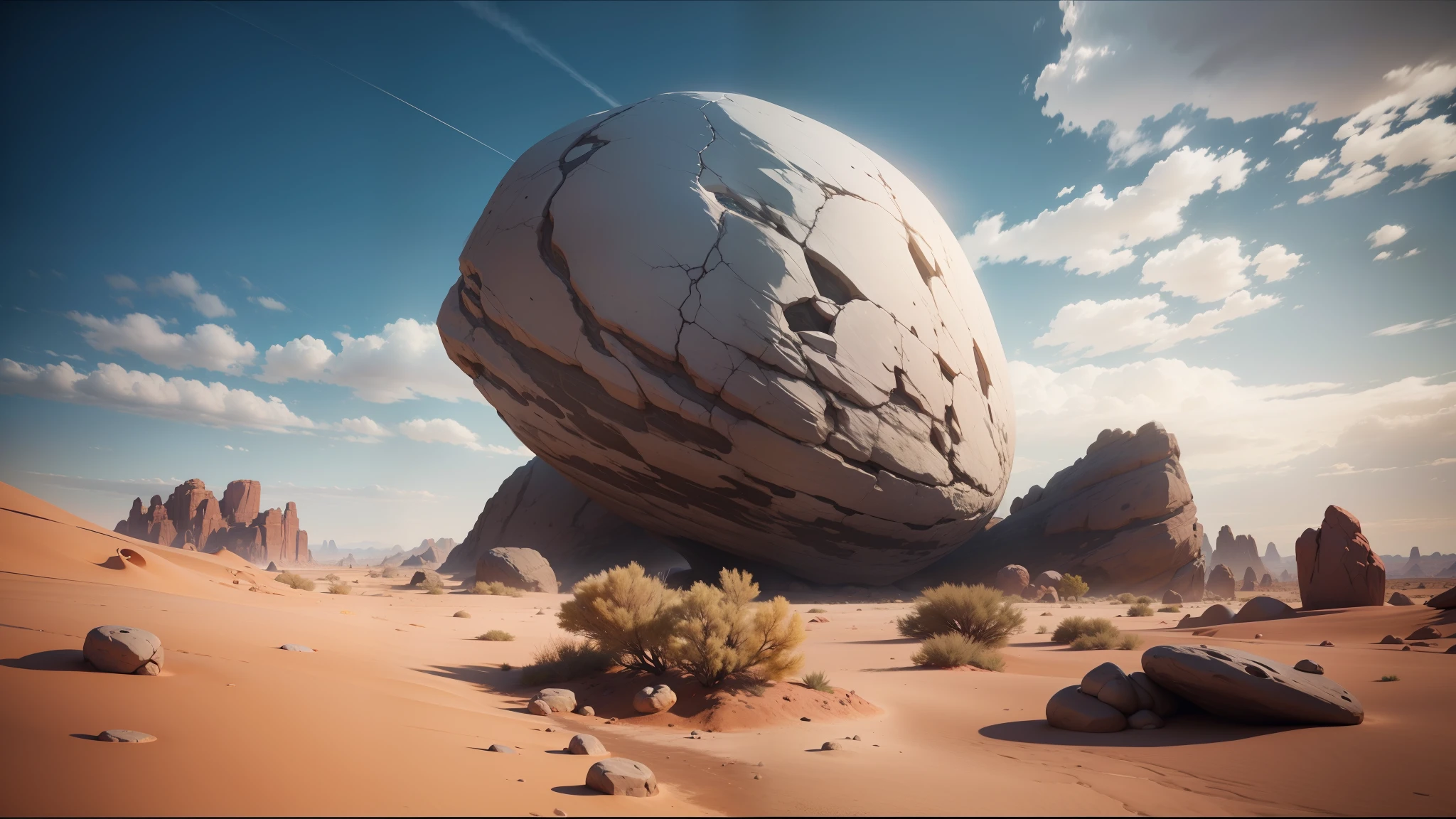 there is a large rock in the middle of a desert, unreal engine 5 », trending on artstattion, realistic clouds, inspired by Nicolaes Eliaszoon Pickenoy, holding a pair of fans. unreal 5, shai hulud, energy spheres, the witness, polycount contest winner --auto --s2