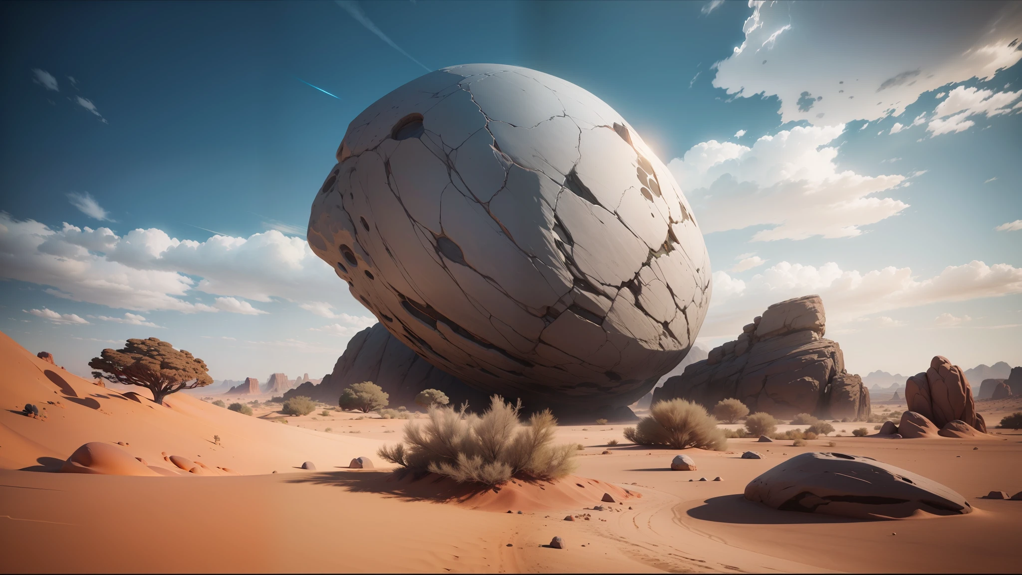 there is a large rock in the middle of a desert, unreal engine 5 », trending on artstattion, realistic clouds, inspired by Nicolaes Eliaszoon Pickenoy, holding a pair of fans. unreal 5, shai hulud, energy spheres, the witness, polycount contest winner --auto --s2