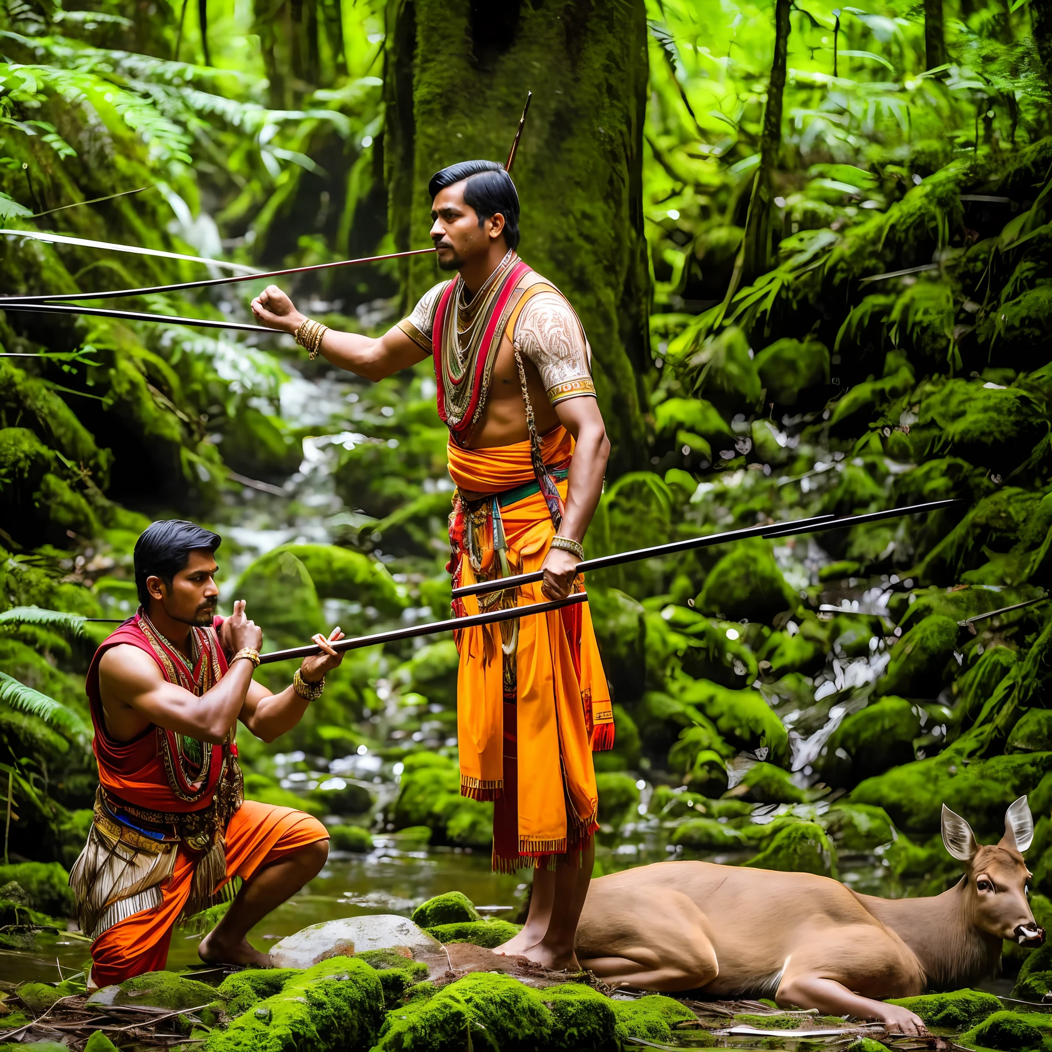 In the lush spring rainforest, a hunter Indian moves with dexterity and deep connection. Dressed in traditional costumes, he flaunts his cultural heritage while his trained eyes search for his prey. All around, nature comes alive with vibrant colors and harmonious sounds. At the perfect moment, he releases his arrow, honoring the life of the slaughtered deer. This scene depicts the skill of the hunter and the importance of living in harmony with the land