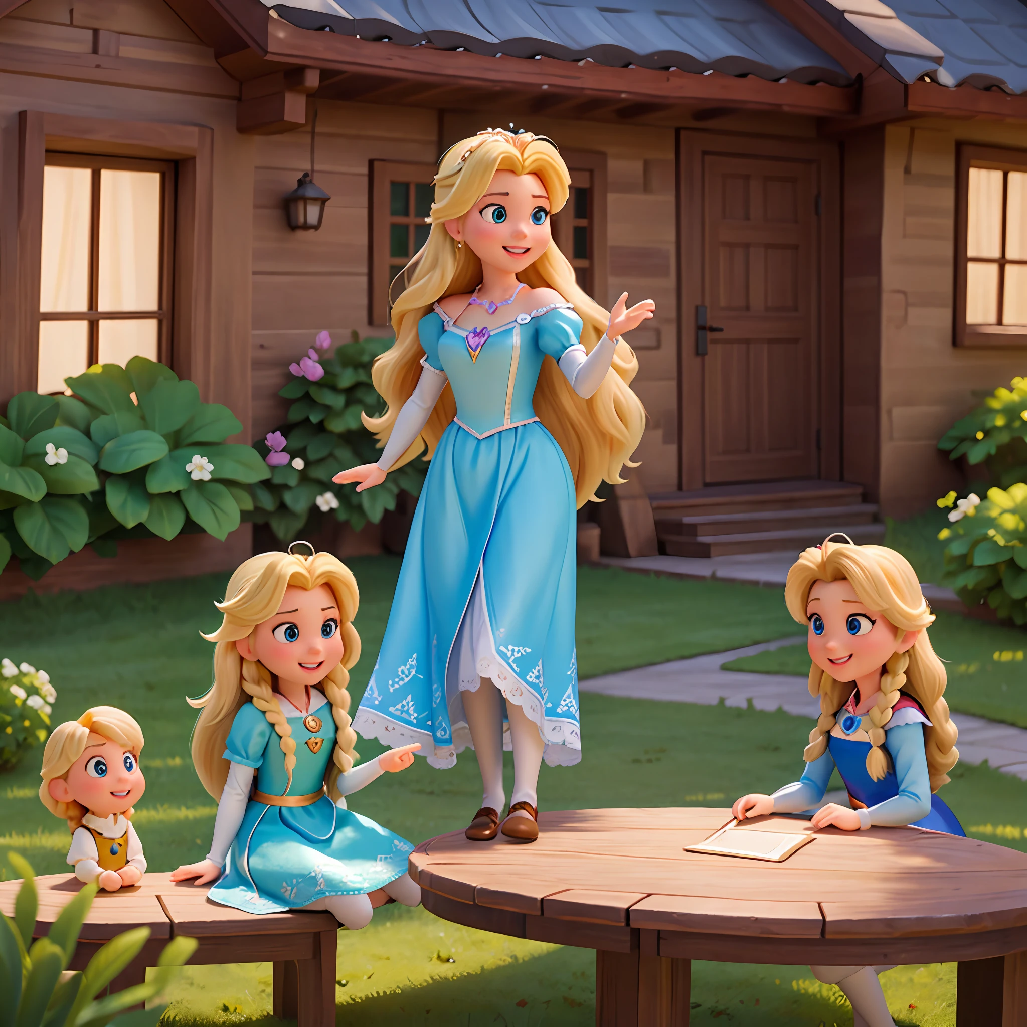 Masterpiece, best quality, (8k very detailed CG unit wallpaper) (best quality), (best illustration), (best shadows), Ultra realistic, high definition, very detailed, Disney princess Rapunzel in pink dress and blonde hair, is talking to Disney princess Elsa in blue dress and light yellow hair, in a valley cottage, both princess are smiling and happy and looking at each other, looking at each other’s face